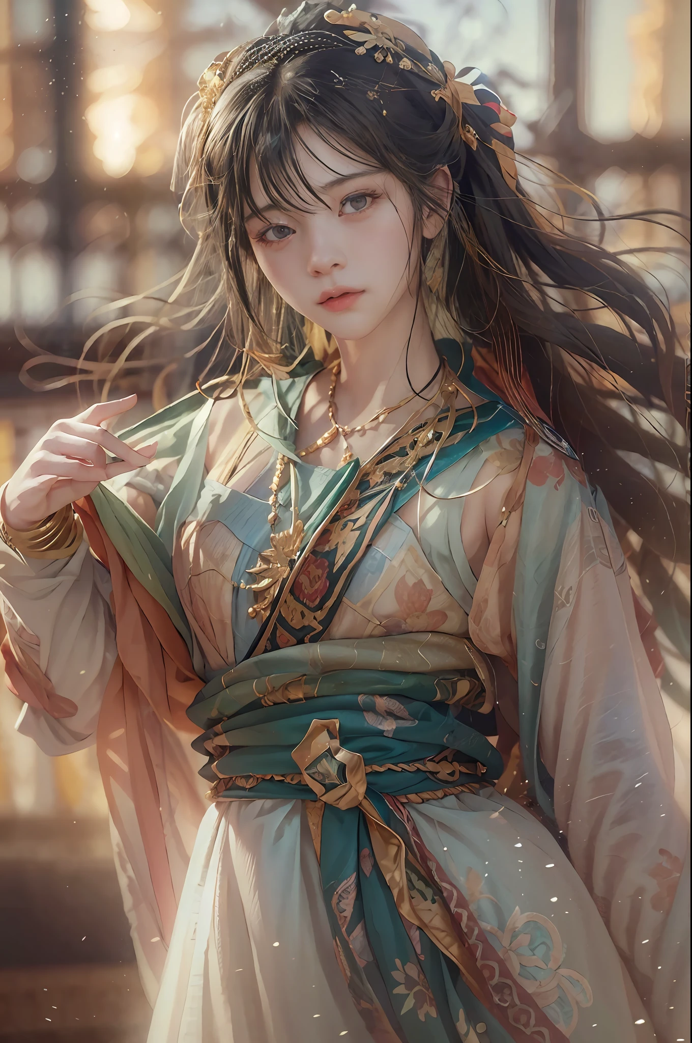 (RAW photo, best quality), (realistic, photo-realistic:1.3),best quality,highly detailed,masterpiece,ultra-detailed,illustration,1girl,upper_body,dynamic angle,world masterpiece theater,messy_long_hair,best quality,extremely detailed CG unity 8k wallpaper,ink,Amazing,cinematic lighting,lens_flare,,dunhuang_style