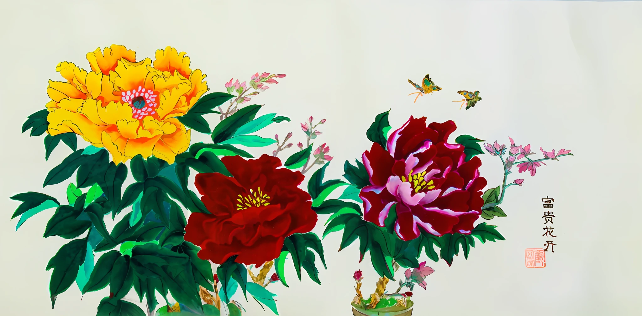 There are two flowers in the vase，A butterfly flew by, Traditional Chinese painting, author：Li Kelan, Traditional Chinese art, Chinese style painting, author：Julian, Chinese painting, Traditional Chinese Ink Painting, Chinese painting style, Traditional Chinese watercolor, author：Li Shan, old chines painting, author：Yang Buzhi, Chinese art, author：Wen Boren, traditional painting