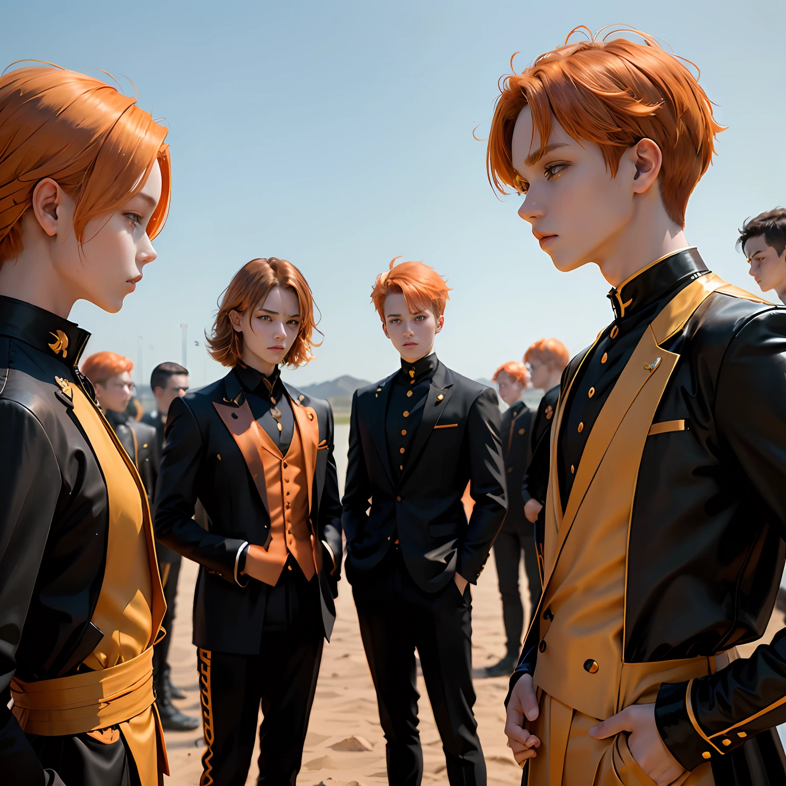 A group of 15-year-olds in training trained in ilera have orange hair and orange eyes and wear stylish black and gold etiquette suits..