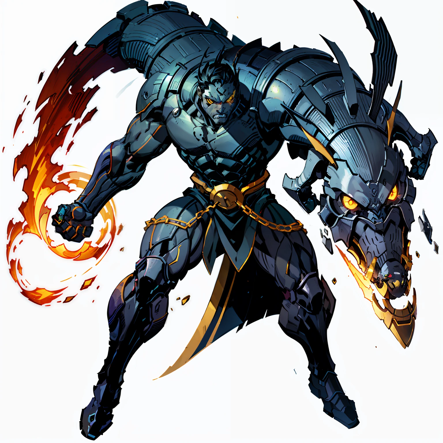 Black, male, full body shot, no background, white background, black skin, body like steel, yellow eyes,
