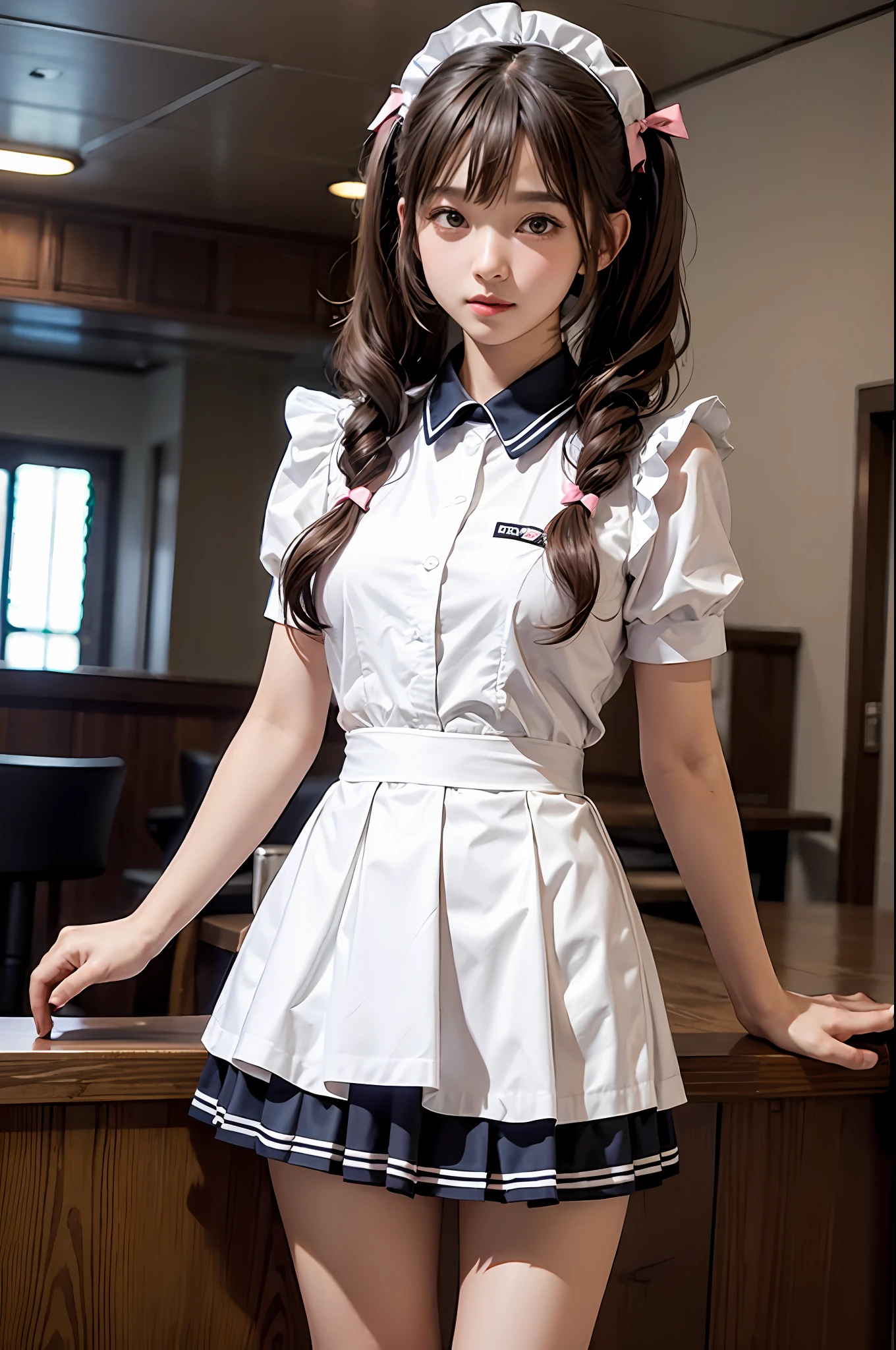 Bar,1girll,twintails,brown hair,Qi bangs,curlies,maid,Flying,White sailor suit and short skirt,pink bows,16-year-old female model,Side,