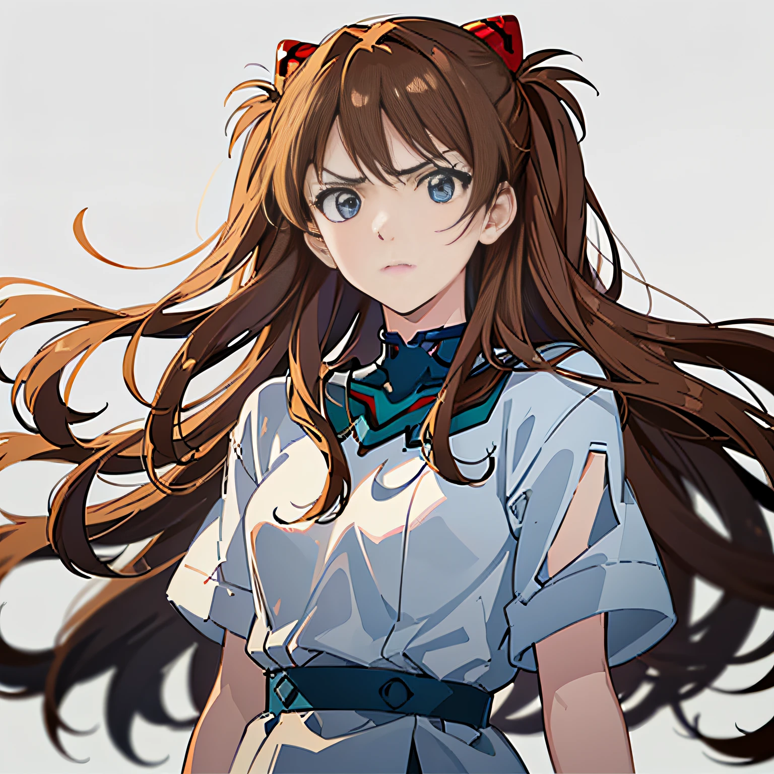 (Masterpiece, Best Quality), Asuka, 1 girl, hair fluttering in the wind, tsundere expression, angry, ruffling hair, wallpaper, white solid background, solid background, minimalist style, white shirt, simple, upper body close-up, figure in the middle, warm tone, minimalist, --v6