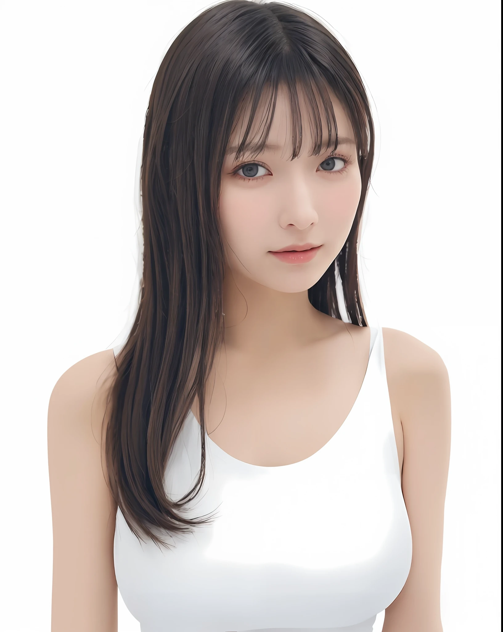 best quality, photorealistic, 8k, high res, 1girl, woman, (skindentation), (portrait:0.6), ((whitebackground:2.1)), ((smallsize round breast, tight clothes, white sleeveless tshirt)), straight-looking at viewer:1.8, (1girl eyes looking at viewer:1.45, medium-length hair, brownhair, partedbangs:1.15), photorealistic, (bokeh), gorgeous,