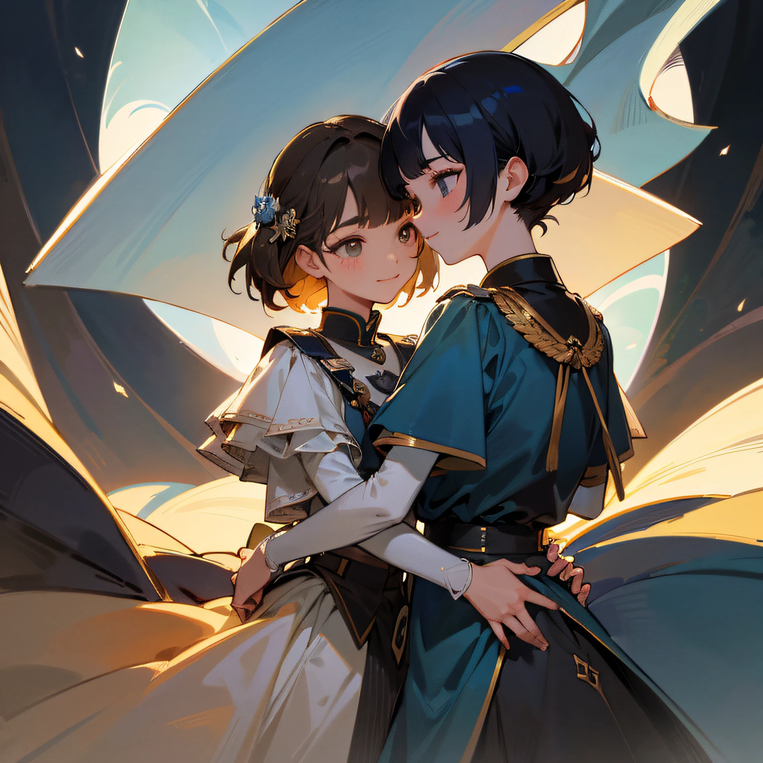 hight resolution,ultra-detailliert,Official art,Beauty and aesthetics,masterpiece,best qualtiy,ighly detailed,Variegated,Most details、Shining eyes、Detailed eyes、face perfect、enigmatic、A dark-haired、National Uniform、Dance by two women、A smile、(masterpiece、top-quality、Detailed shiny skin:1.2)、flawless、8k、Unripe、 hight resolution