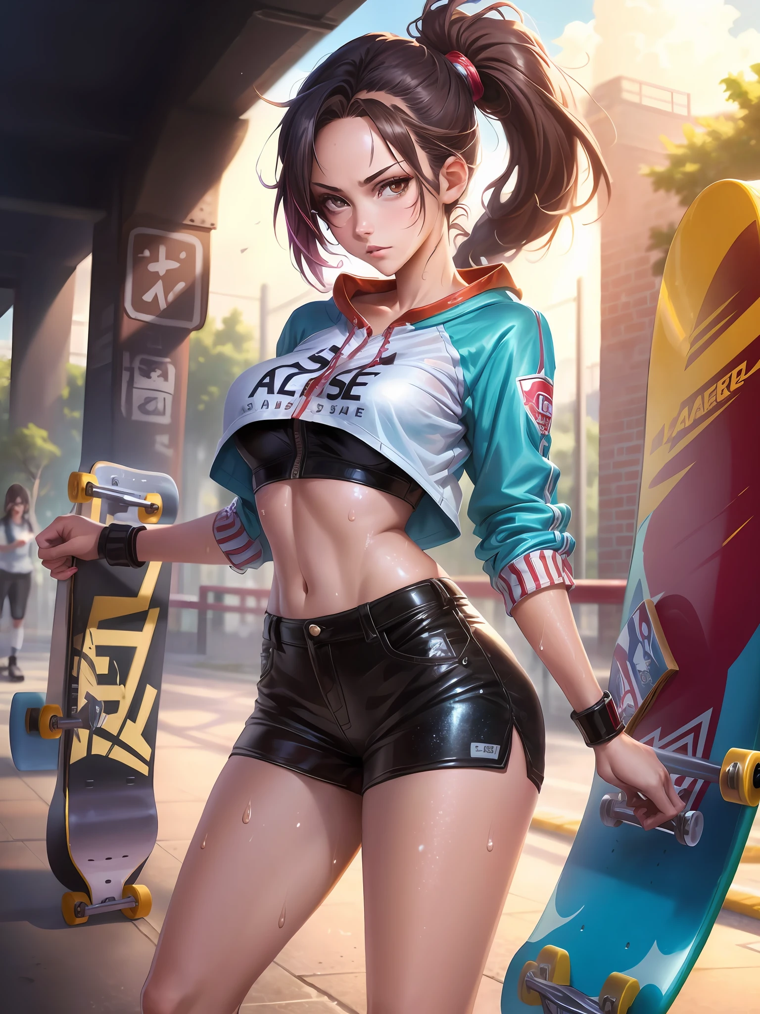 ((masutepiece)),((High resolution)), Dramatic Lighting,  Sharp Focus,  16k UHD,
Ultra-realistic illustrations,1beautiful girl,skateboard Uniform,Teenage girl,small head ,dark-colored hair,Large breasts,shiny skins,nice legs,wet skins sweat,At the skateboard venue,