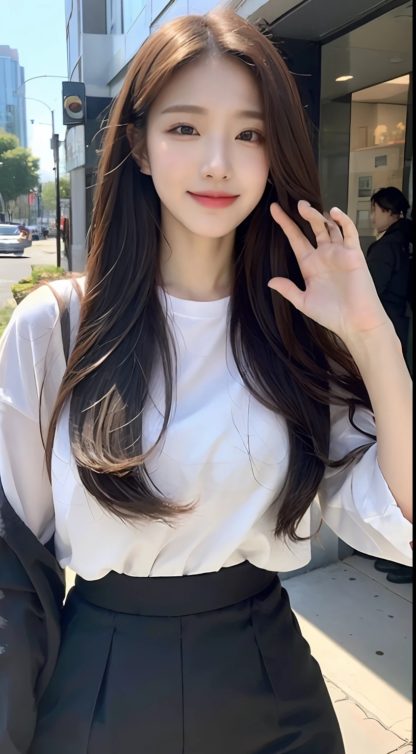 (1 Korean star with royal sister style), ((best quality, 8k, masterpiece: 1.3)), focus: 1.2, perfect body beauty: 1.4 , (smile), (Street: 1.3), highly detailed face and skin texture, fine eyes, double eyelids, whitening skin, (big wave hairstyle: 1.3), (round face: 1.5), (straight skirt: 1.4),