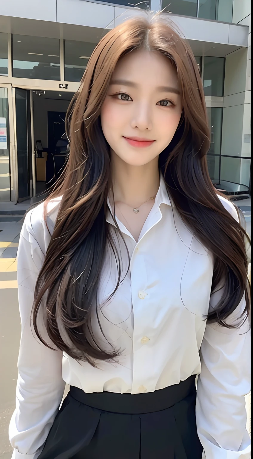 (1 Korean star with royal sister style), ((best quality, 8k, masterpiece: 1.3)), focus: 1.2, perfect body beauty: 1.4 , (smile), (Street: 1.3), highly detailed face and skin texture, fine eyes, double eyelids, whitening skin, (big wave hairstyle: 1.3), (round face: 1.5), (straight skirt: 1.4),