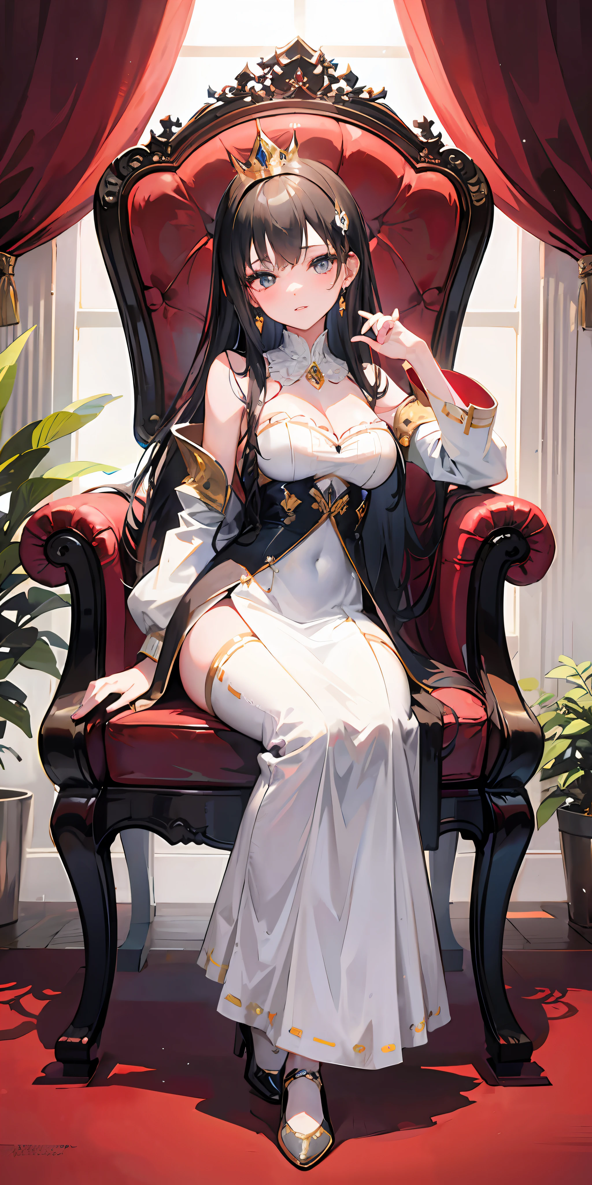 "(Princess), (in elegant western royal attire), seated on a majestic throne sofa, against a lavish royal wall backdrop, captured in a full body shot."