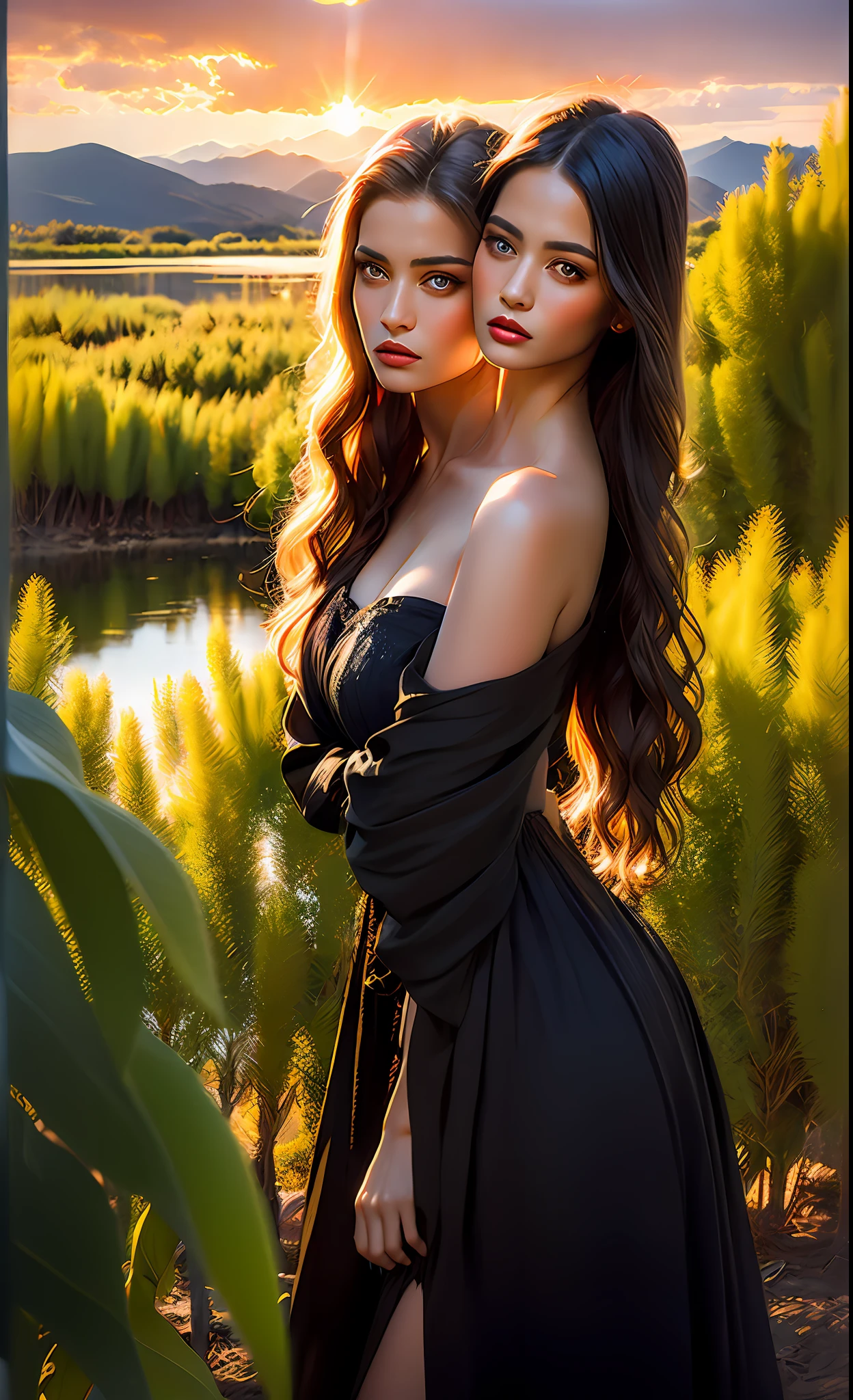 2heads,1 girl, serene expression, mesmerizing eyes, straight long hair, wavy hair,blonde hair, black hair, flowing dress, poised posture, porcelain skin, subtle blush,
BREAK
golden hour, (rim lighting):1.2, warm tones, sun flare, soft shadows, vibrant colors, painterly effect, dreamy atmosphere
BREAK
scenic lake, distant mountains, willow tree, calm water, reflection, sunlit clouds, peaceful ambiance, idyllic sunset, ultra detailed, official art, unity 8k wallpaper
, zentangle, mandala