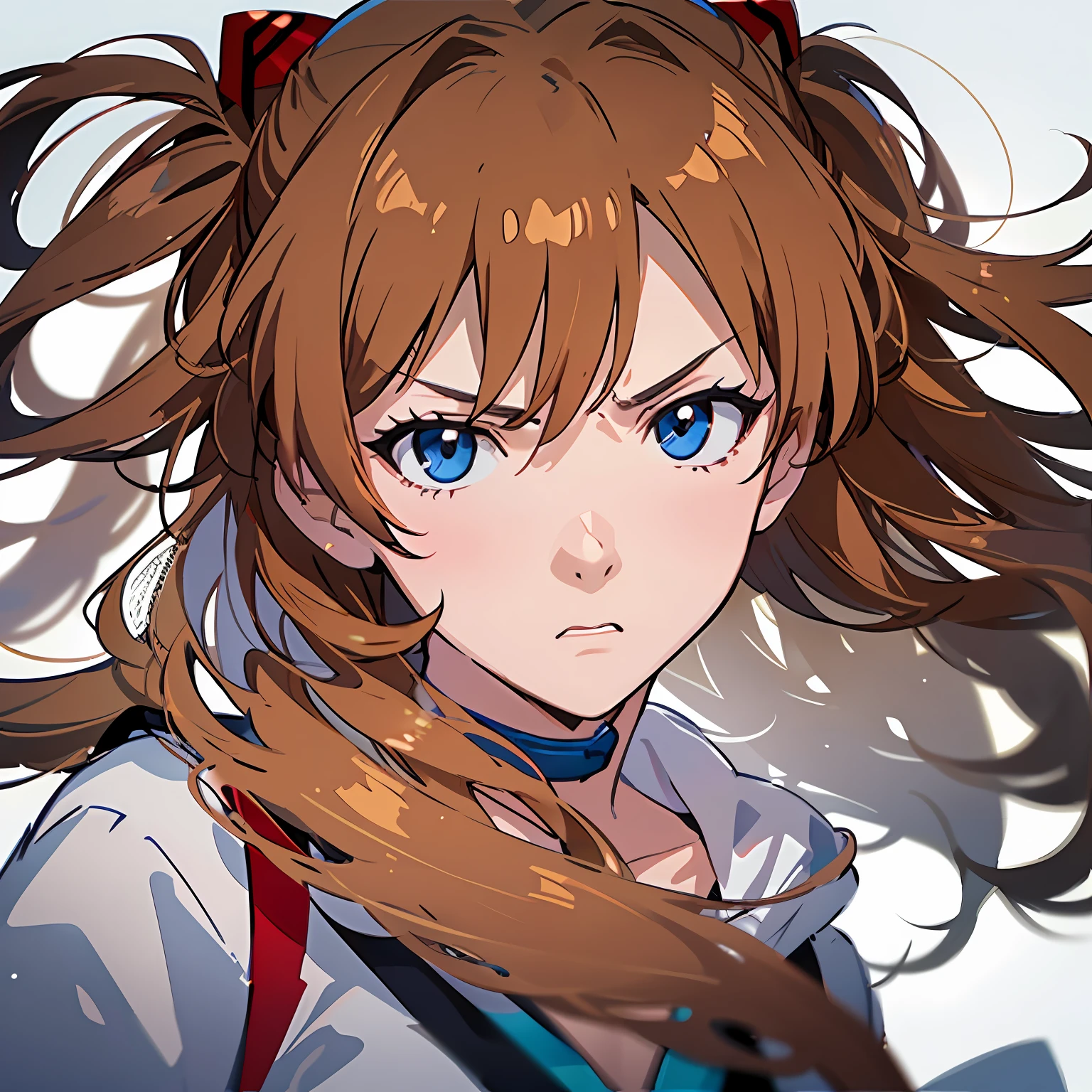 (Masterpiece, Best Quality), Asuka, 1 girl, hair fluttering in the wind, tsundere expression, angry, ruffling hair, wallpaper, white solid background, solid background, minimalist style, white shirt, simple, upper body close-up, figure in the middle, warm tone, minimalist, --v6