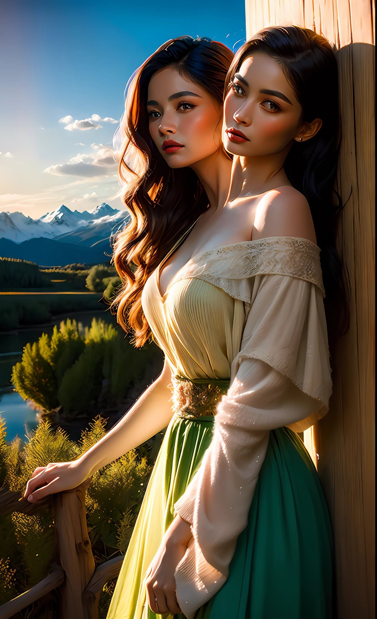 2heads,1 girl, serene expression, mesmerizing eyes, straight long hair, wavy hair,blonde hair, black hair, flowing dress, poised posture, porcelain skin, subtle blush,
BREAK
golden hour, (rim lighting):1.2, warm tones, sun flare, soft shadows, vibrant colors, painterly effect, dreamy atmosphere
BREAK
scenic lake, distant mountains, willow tree, calm water, reflection, sunlit clouds, peaceful ambiance, idyllic sunset, ultra detailed, official art, unity 8k wallpaper
, zentangle, mandala