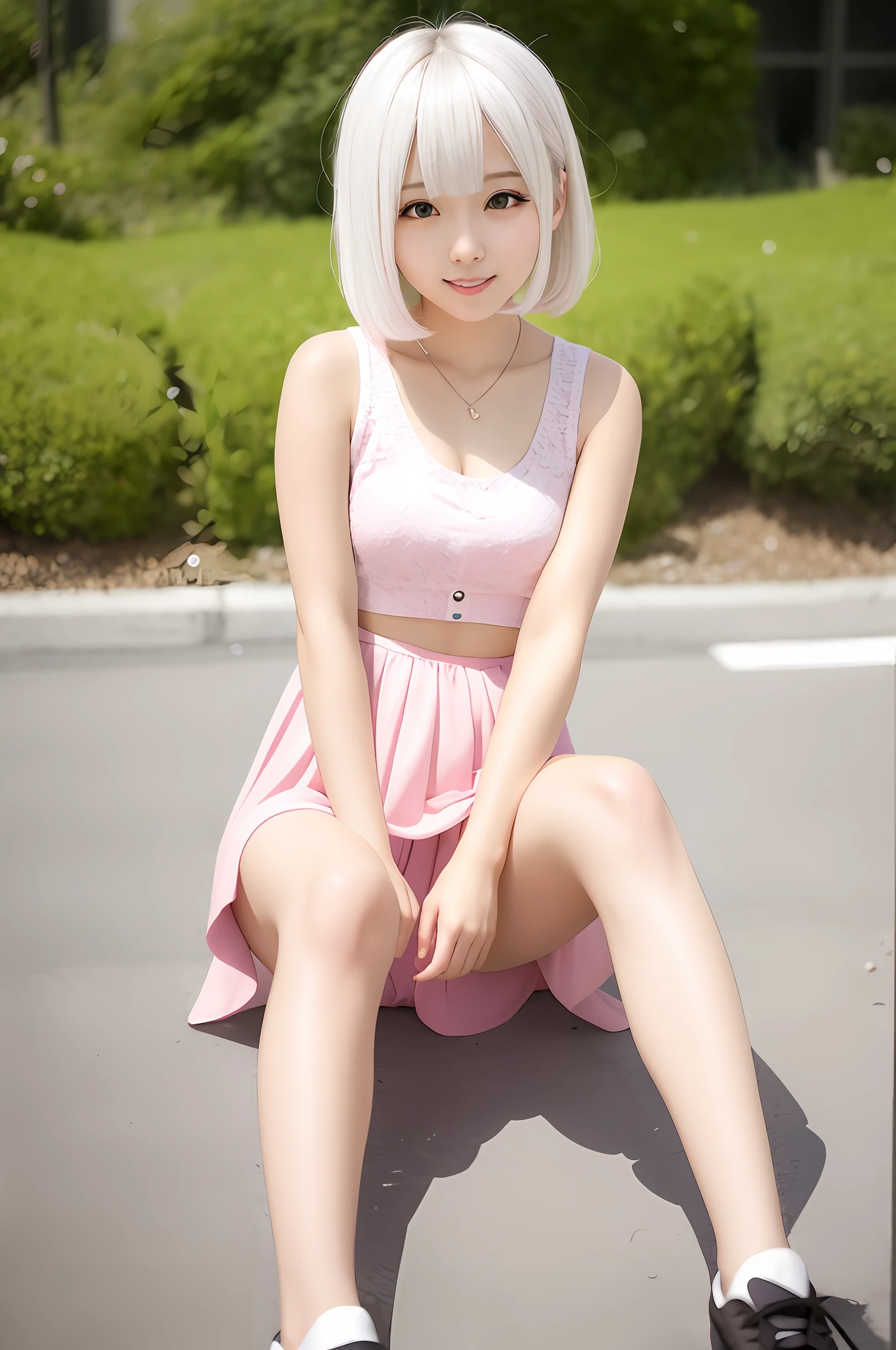 Anime girl in white hair pink miniskirt，Anime girl，Full-body art，Cute girl，cute artwork，full bodyesbian，sat on the ground，Spread your legs。