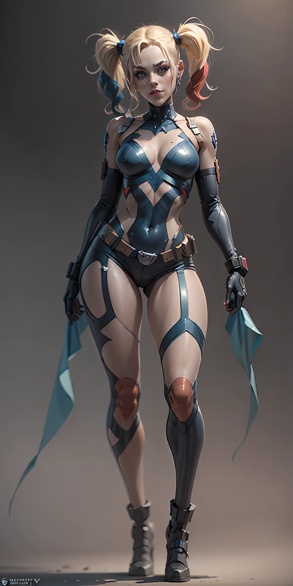 Harley Quinn from DC, frontal, full-length, looking at the camera, facing the audience, standing pose, simple background, three-dimensional light, detailed full-body concept, sleek digital concept art, beautiful full-body concept art, art trend, full-length CGsociety,