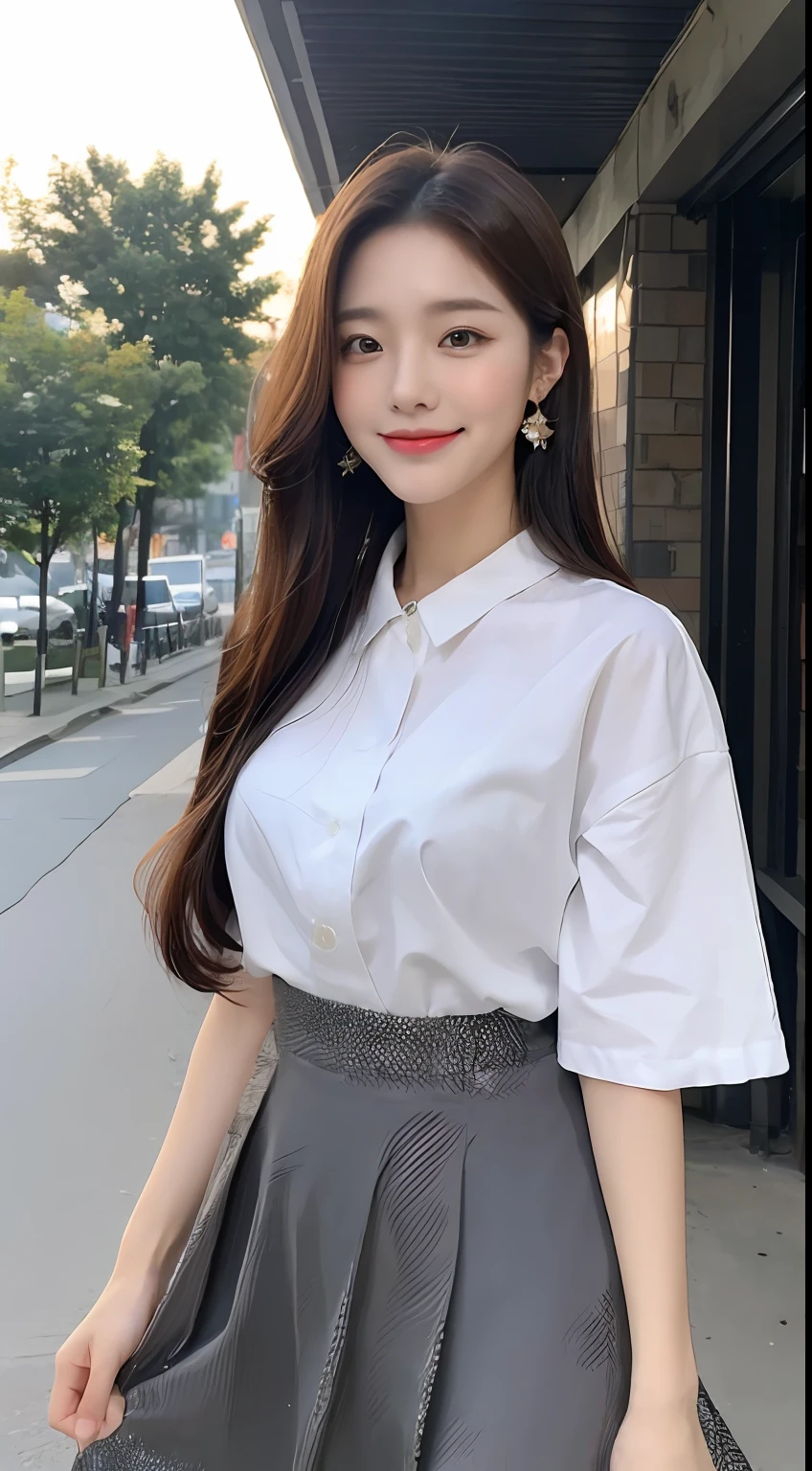 (1 Korean star with royal sister style), ((best quality, 8k, masterpiece: 1.3)), focus: 1.2, perfect body beauty: 1.4 , (smile), (Street: 1.3), highly detailed face and skin texture, fine eyes, double eyelids, whitening skin, (big wave hairstyle: 1.3), (round face: 1.5), (straight skirt: 1.4),