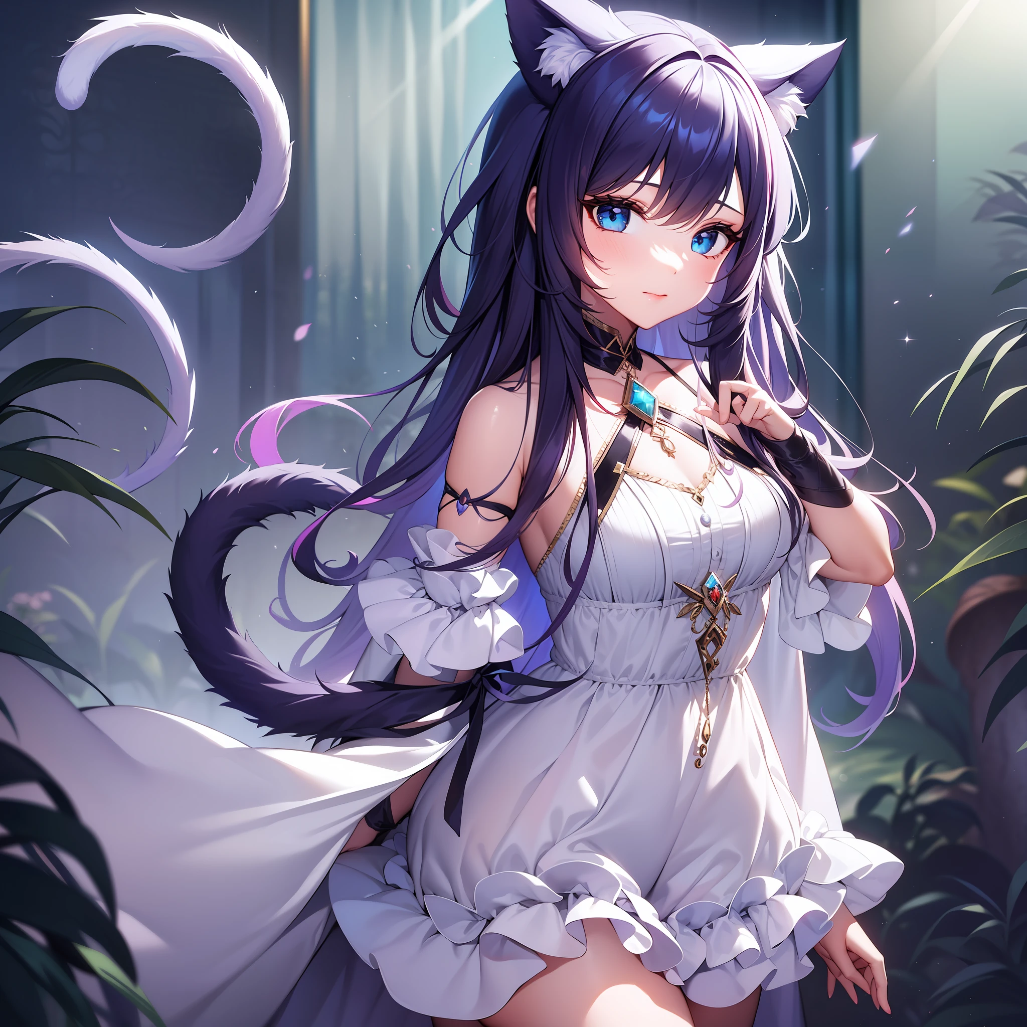 Girl, cute features, bright blue eyes, long dark purple hair, white light dress with cute jewels, cat ears and tail