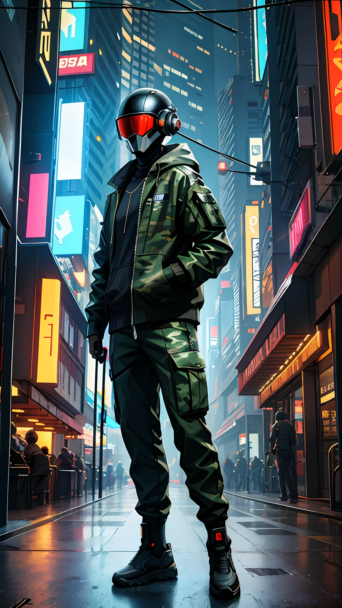 (masterpiece, full body shot, intricate raw photography) Cyberpunk citizen, comfortable super oversized asymetrical  
green camouflage pattern techwear jacket, black hoodie, black cargo pants, black clothing, dark, wearing a futuristic black high-tech helmet daft punk style, aerodynamic, intricate, futuristic, advanced technology, dark environment, dramatic, light and shadow, cinematic, action movie, sharpness, random relaxed position, cyberpunk city, street neon lights, dark street, night, insta photo, photo of the year,  octane render, substance, Maya 3D, cinema4D, ArtStation Trending, Devian Art Trend,