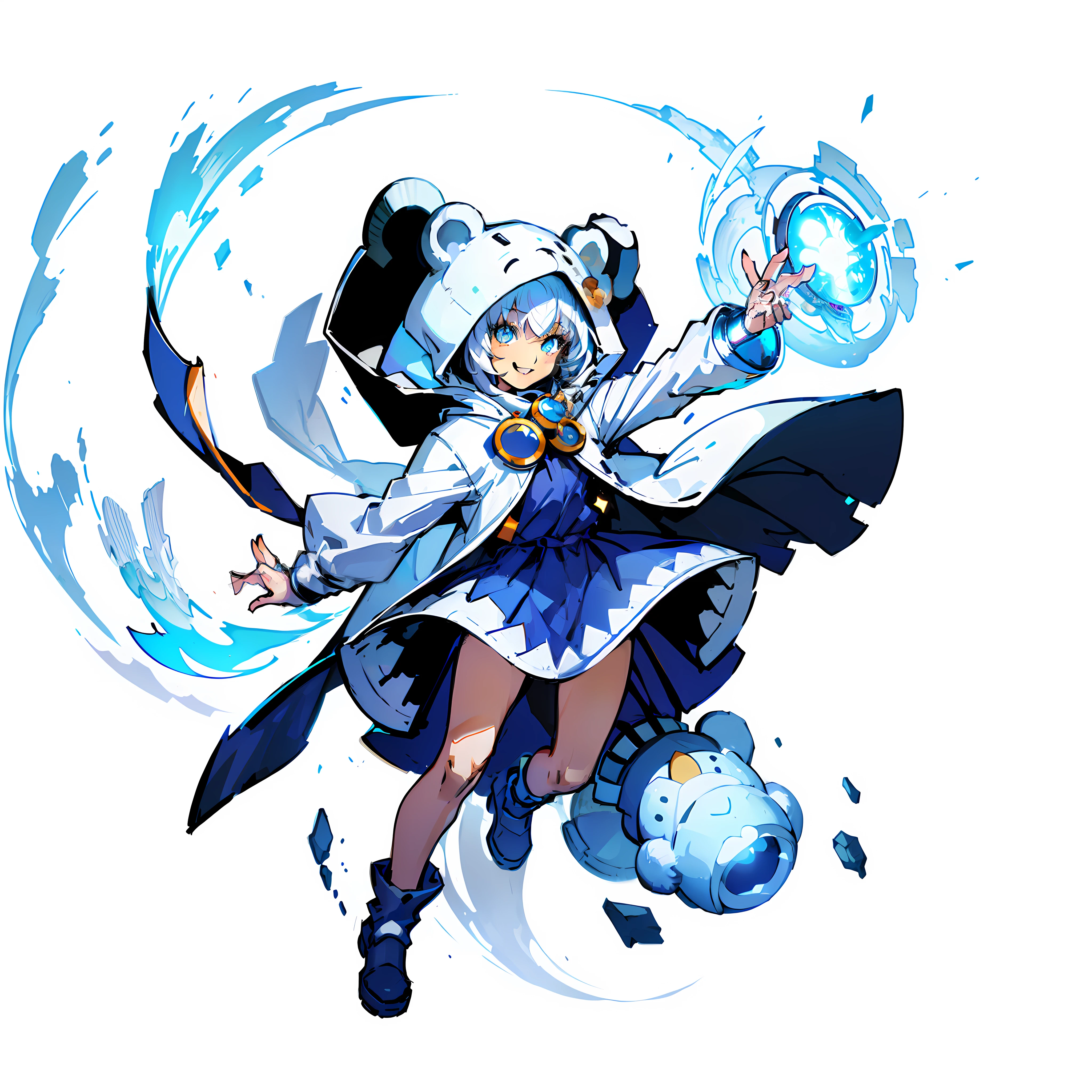 girl with, Smiling, Full body shot, No background, White background, 5years old, kid, Wearing a bear design hood, Esper, Floating objects with supernatural powers
