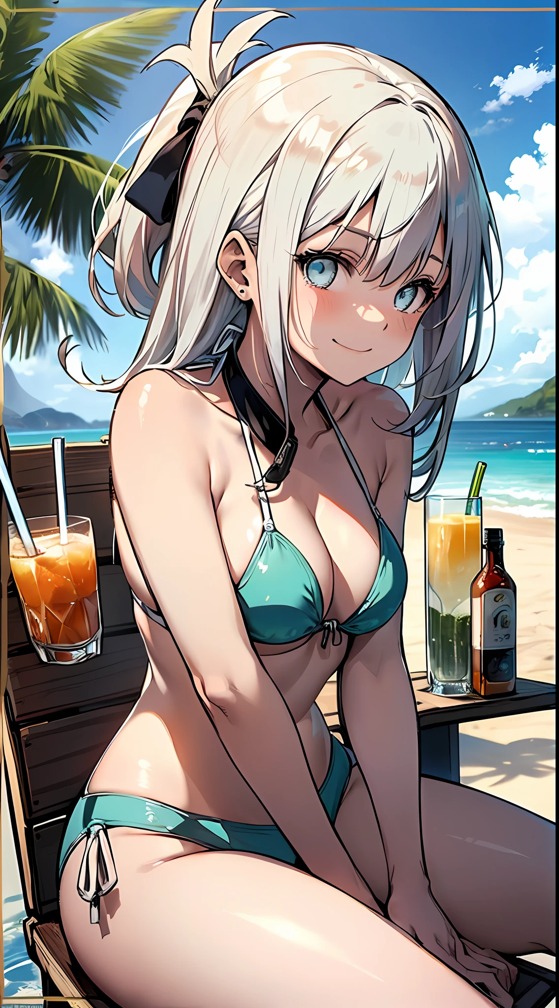 ((Masterpiece)), (Squat)), (Sit on a White Beach Chair and Drink Tropical Juice), (((Metallic White Bikini)), 1 Girl, Long-haired, Ponytail, (Silver-haired), Sad Smile, Aqua Eyes, Small, , Noon, Sunshine, Seaside, Fantastic Sky