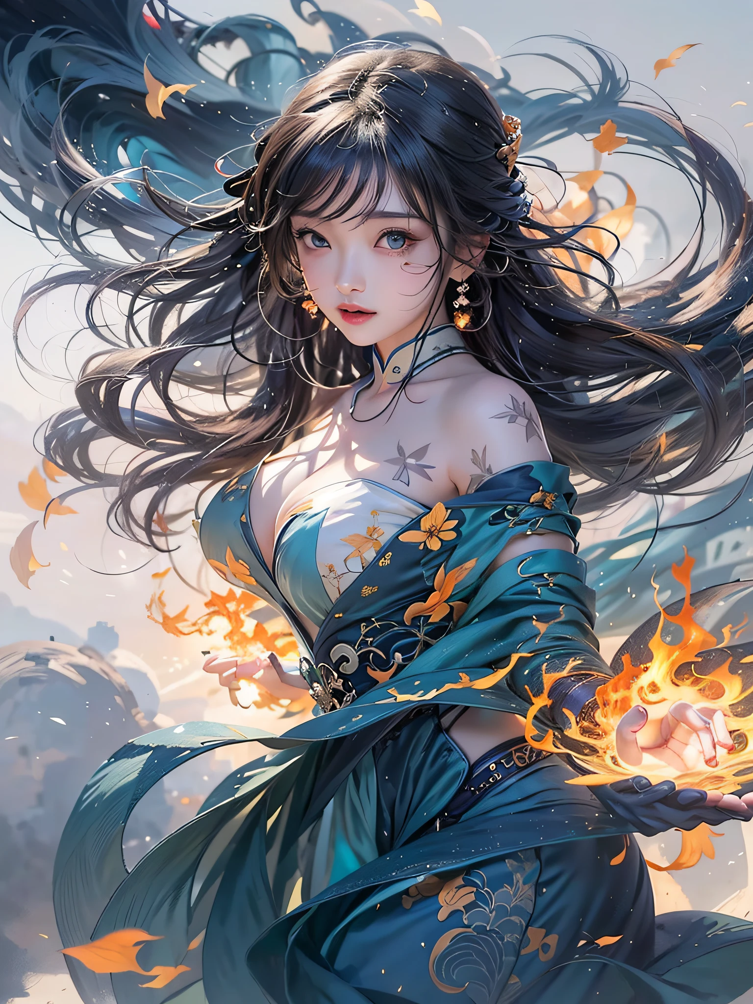 1girl,shiny,half body,{{{{{art nouveau}}}}},sunlight,dangerous atmosphere,dynamic pose,cataclysmic,child girl,darkblue wavy long hair,flames,bare shoulder,dynamic pose,{{{by famous artist}},light particles,chinese girl,chinese clothes,china dress,female focus on,{{{chinese painting}}},{{{Ink wash painting}}},{ink splashing},glass tint,zoom in on eyes,{{reflective eyes}},water eyes,big kawii eye,