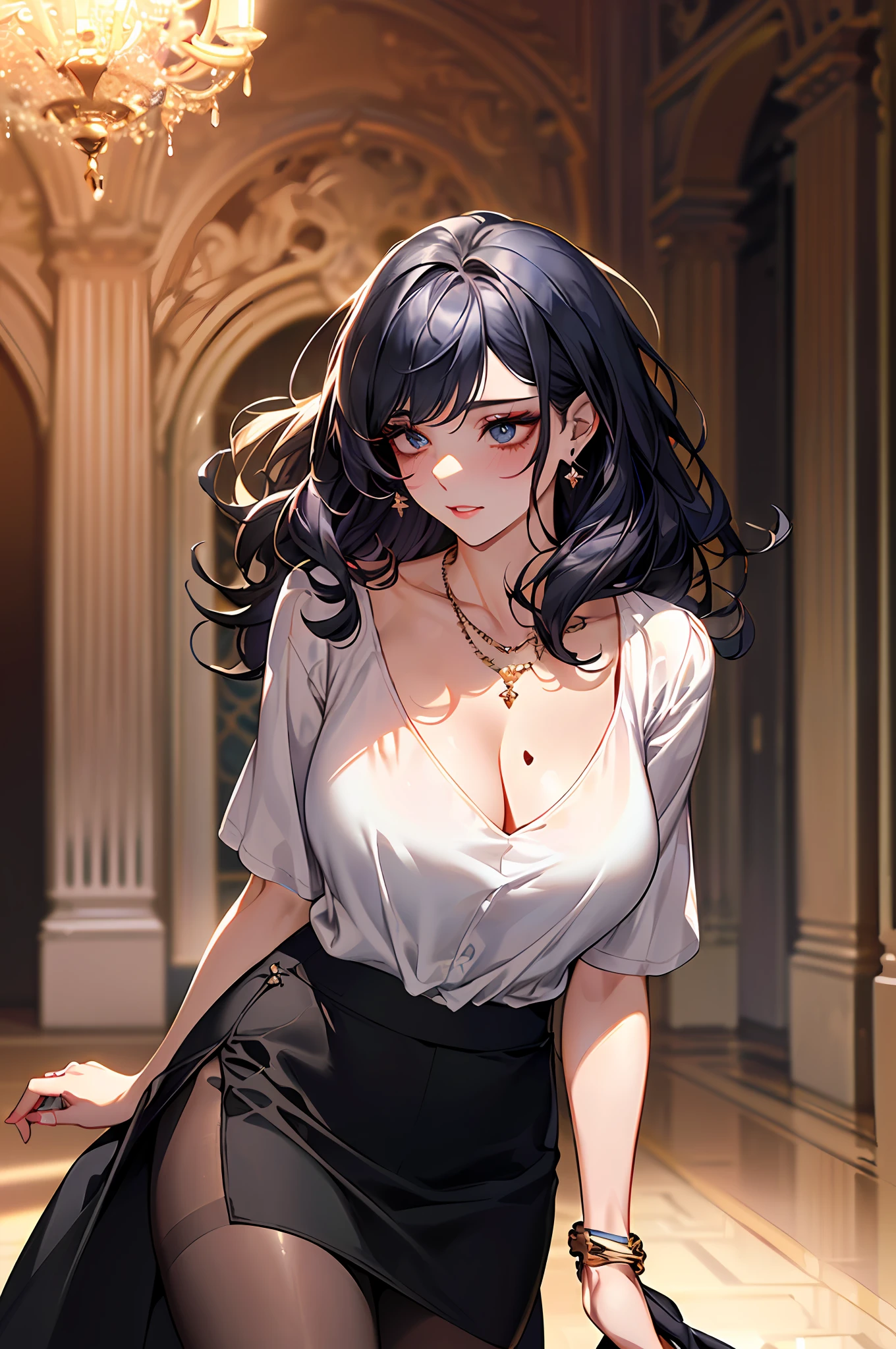 Morning,Black color hair,(best qualtiy,8K,tmasterpiece),(Being in the room,standing in living room,Capture),(A pretty maiden,having fun,cabelos preto e longos,Long messy hair,curlies,Huge eyes:1.3,Long eyelashes,Delicate makeup:1.4,Sexy lips,Blushlush),(Exquisite watches,Reflective necklace,Bulgari's earrings,Bulgari's ring),(Being in the room,standing in living room,Capture),(Fashionable outfits,Wear a white loose blouse,Loose top,),(middle breasts,endure),(Black oily transparent pantyhose),(Superskirt),Light ripe,Royal Sister,Best light,Best shadow,电影灯光,28 years old,1girll,Need,(realskin,Supple skin)Ray traching,Unreal Engine 5,Reflective skin,Digital illustration,Game CG characters,super model,(kpop,heartthrob),(Body edge lighting,Colored light sources are around),There is wind blowing hair,Looking into the distance