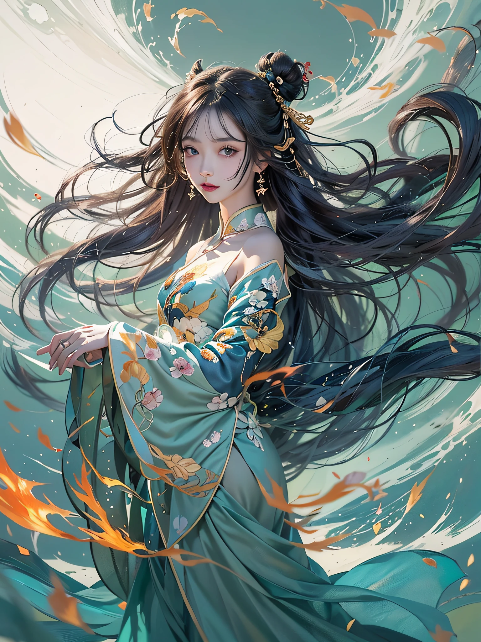1girl,shiny,half body,{{{{{art nouveau}}}}},sunlight,dangerous atmosphere,dynamic pose,cataclysmic, girl,darkblue wavy long hair,flames,bare shoulder,dynamic pose,{{{by famous artist}},light particles,chinese girl,chinese clothes,china dress,female focus on,{{{chinese painting}}},{{{Ink wash painting}}},{ink splashing},glass tint,zoom in on eyes,{{reflective eyes}},water eyes,big kawii eye,