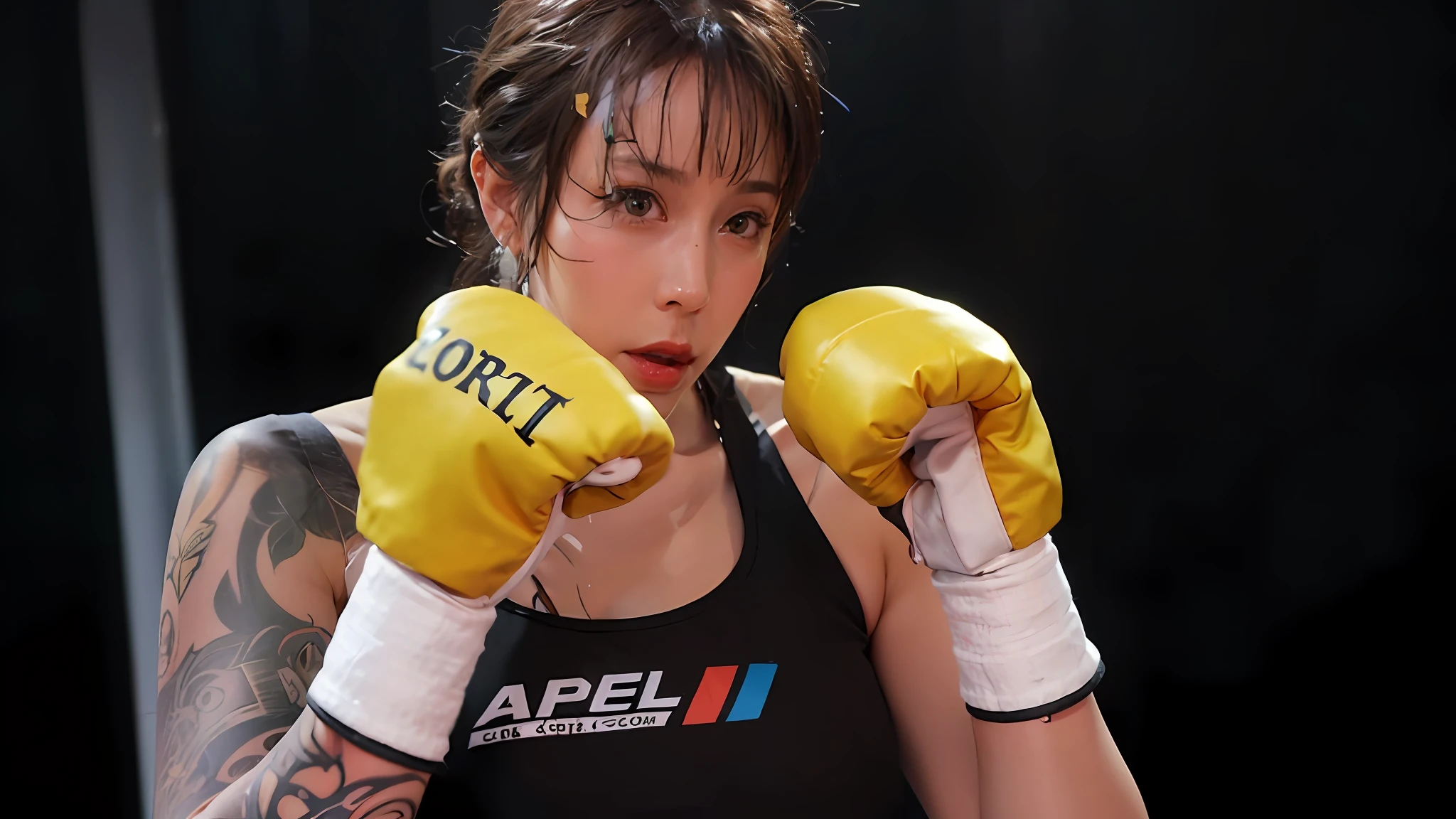 Hyperrealist portrait of female by david hockney and alphonse mucha,fantasy art, photo realistic, dynamic lighting, artstation, poster, volumetric lighting, very detailed faces, 4 k, award winning,, 1girl, in the dark, deep shadow, low key,cowboy shot,(official clothing:1.4) ,long hair,white hair, boxing