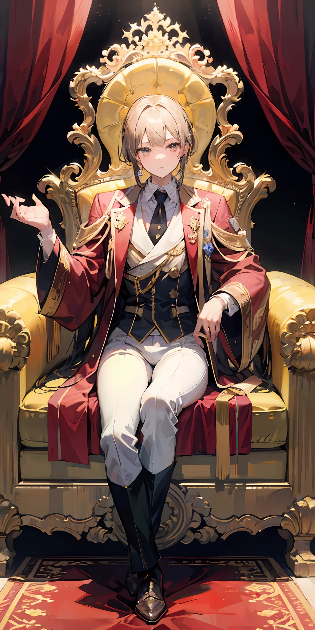 "(King), (in elegant western royal attire), seated on a majestic golden throne sofa, against a lavish royal wall backdrop, captured in a full body shot."