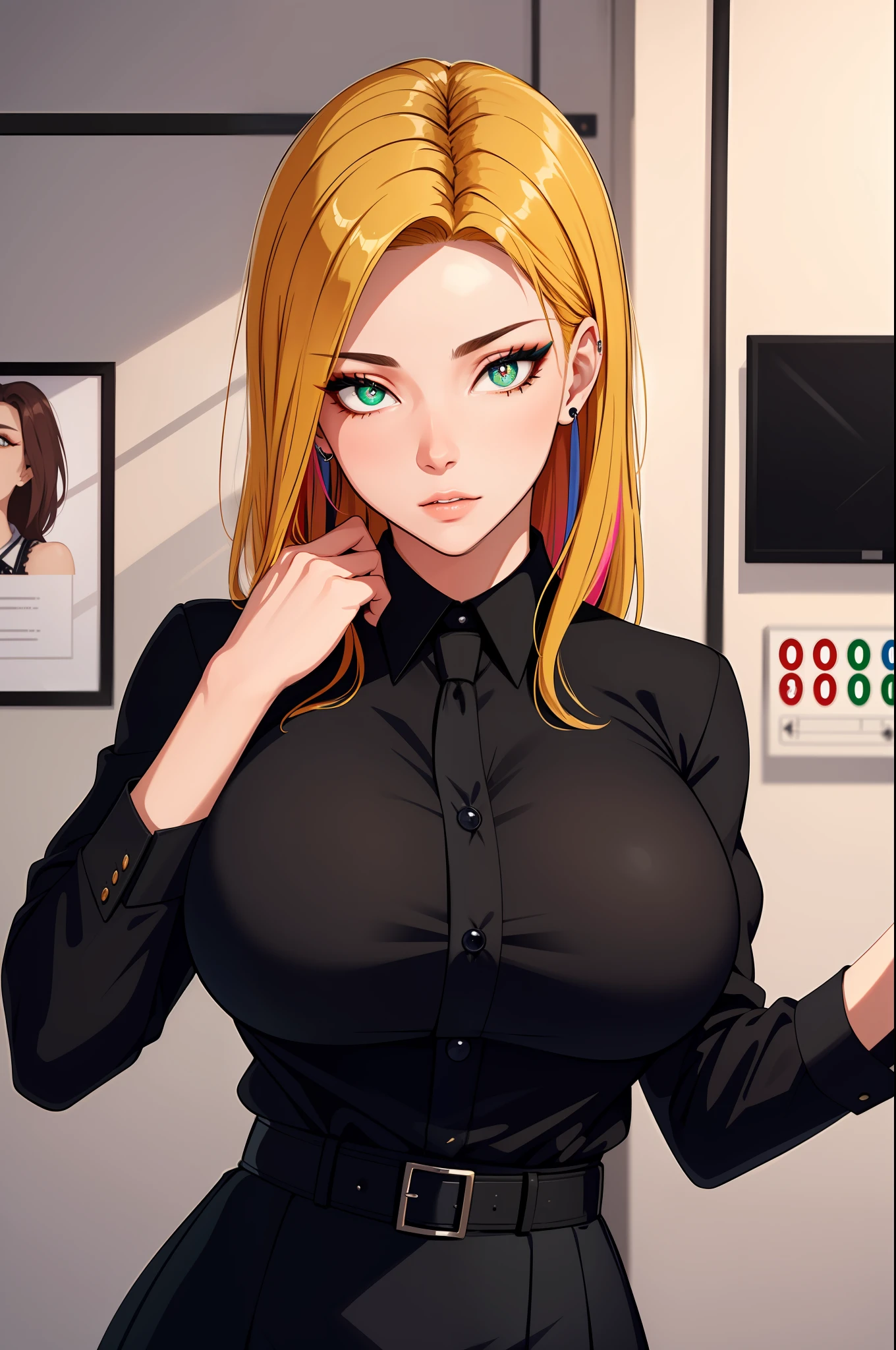 (masterpiece, highres, best quality:1.2), 8K, highly detailed, intricate, colorful, vibrant image, sharp focus, cinematic) blonde hair, long hair, green eyes, body builder (Wearing black business outfit, black_collared shirt cropped jacket ,tie,necktie,black frilled skirt, garter straps, leather waist belt) (big perfect round breasts,hourglass body, thin waist,very thin waist, Photo realistic,(hyperrealistic:1)beautiful, masterpiece, best quality, extremely detailed face,perfect face,beautiful face, perfect lighting,detailed eye makeup, detail face, nice detailed eyes,nice hands, perfect hands,glowing eyes (realistic pupils,realistic iris:1) heavy eye makeup,(empty Casino)(Posing dynamically)