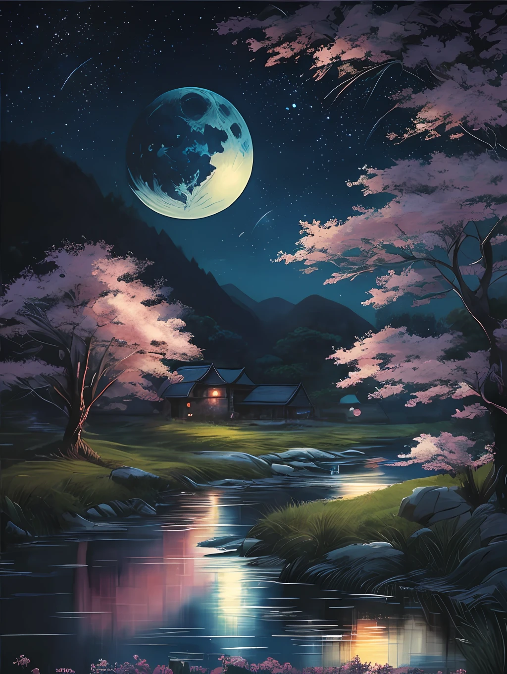 A painting of a river with stars and moon in the sky, concept art inspired by Tosa Mitsuoki, pixiv contest winner, best quality, fantasy art, beautiful anime scene, a bright moon, moonlit starry environment, dream painting, Anime Background Art, Fantasy Landscape Art, Fantasy Night, Anime Background, Background Artwork, Fantastic Art, Atmospheric Anime, Starry Sky, Detail Enhanced.