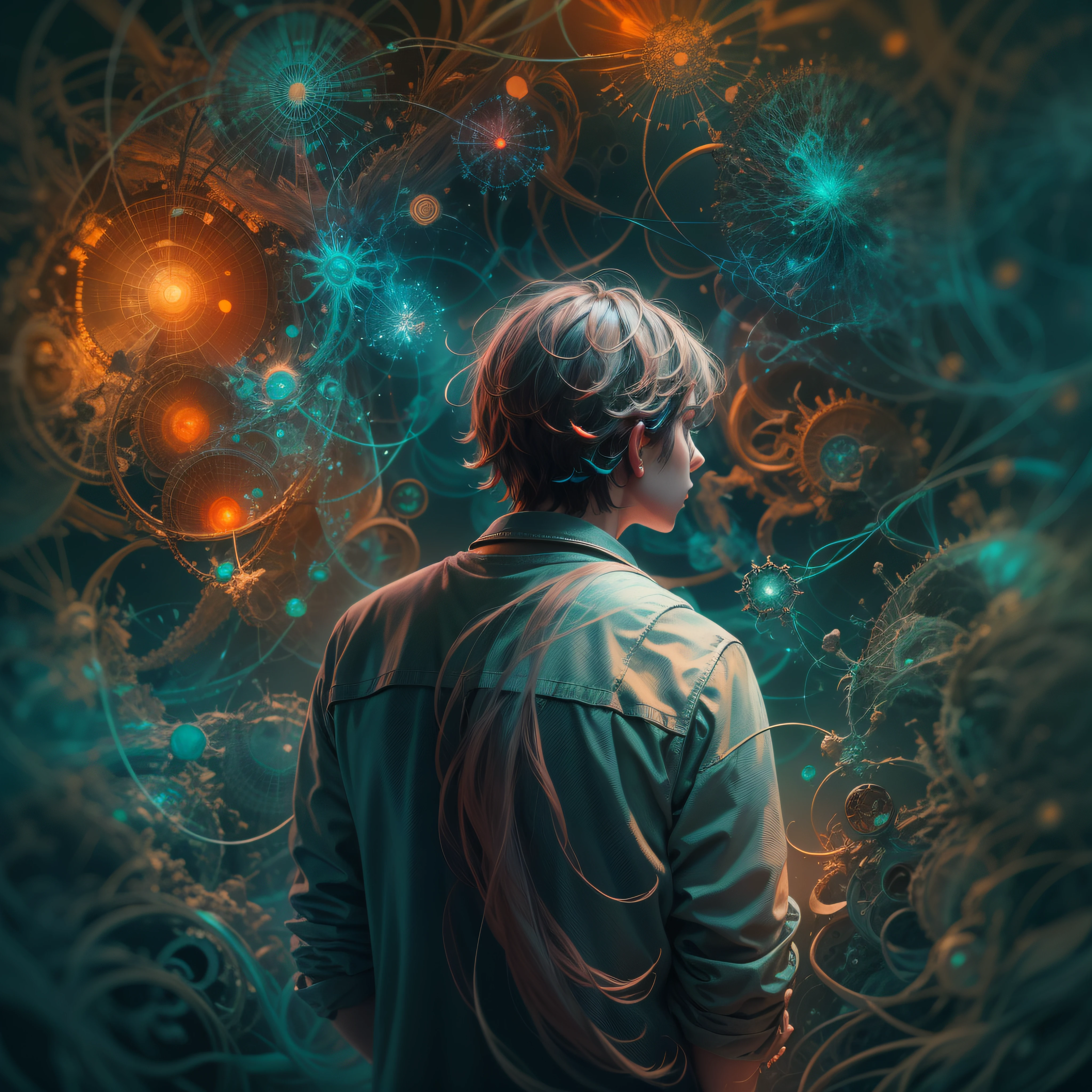 deep thoughts, mysterious environment, confusion, 4k, realistic, ultra quality, environment full of secrets, many bright colours, the world as human neural connections, what goes on in the head of a genius, a person looks at all this from the side, view from the back of a person