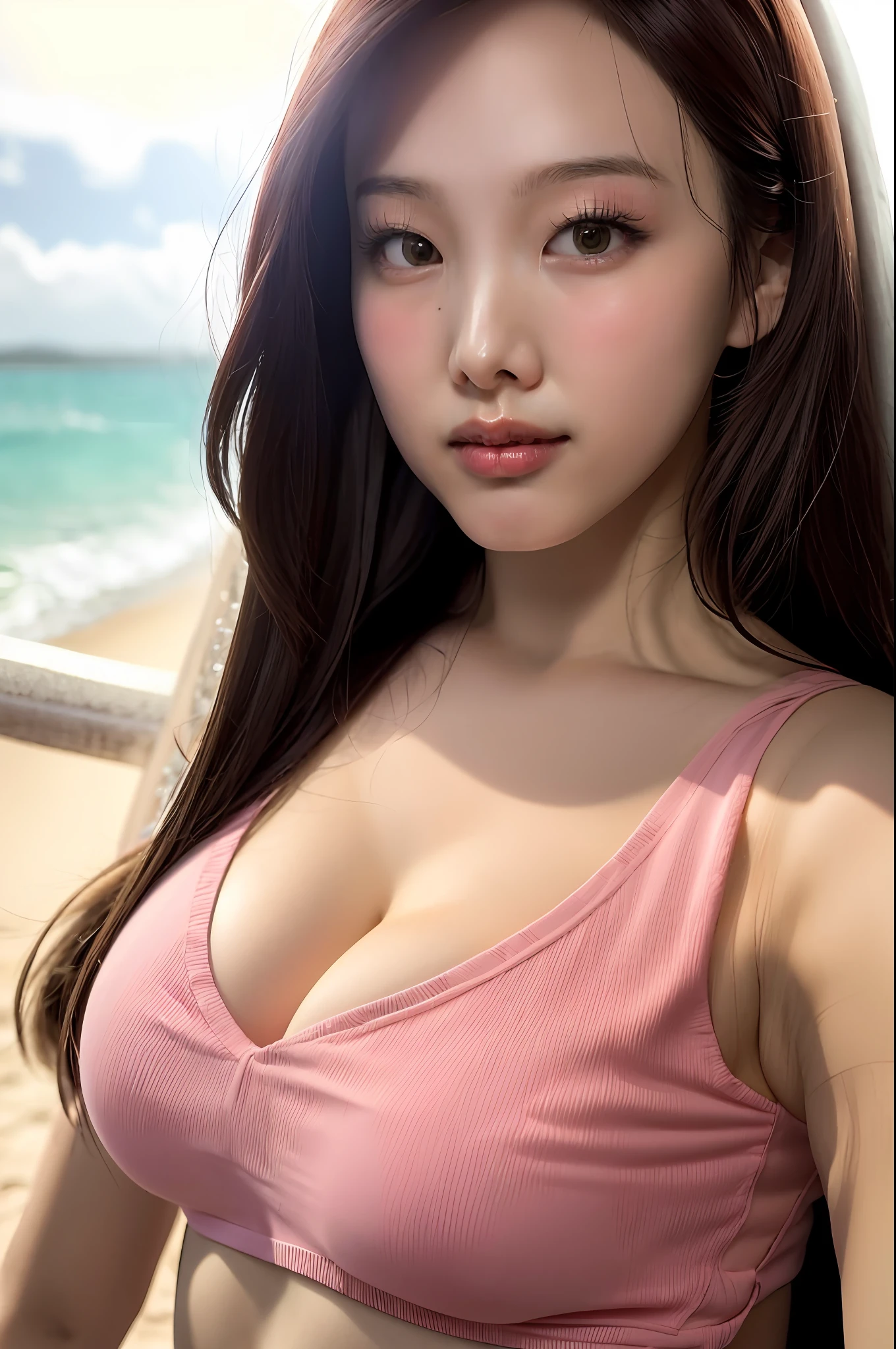 Close up portrait of woman with pink top on beach, Korean Girl, beautiful Korean women, Gorgeous young Korean woman, Beautiful young Korean woman, Beautiful Asian Girl, sakimichan, Good young girl, Korean Woman, girl cute-fine-face, Asian Girl, Very beautiful girl, ulzzangs, Hot with shining sun, cleavage