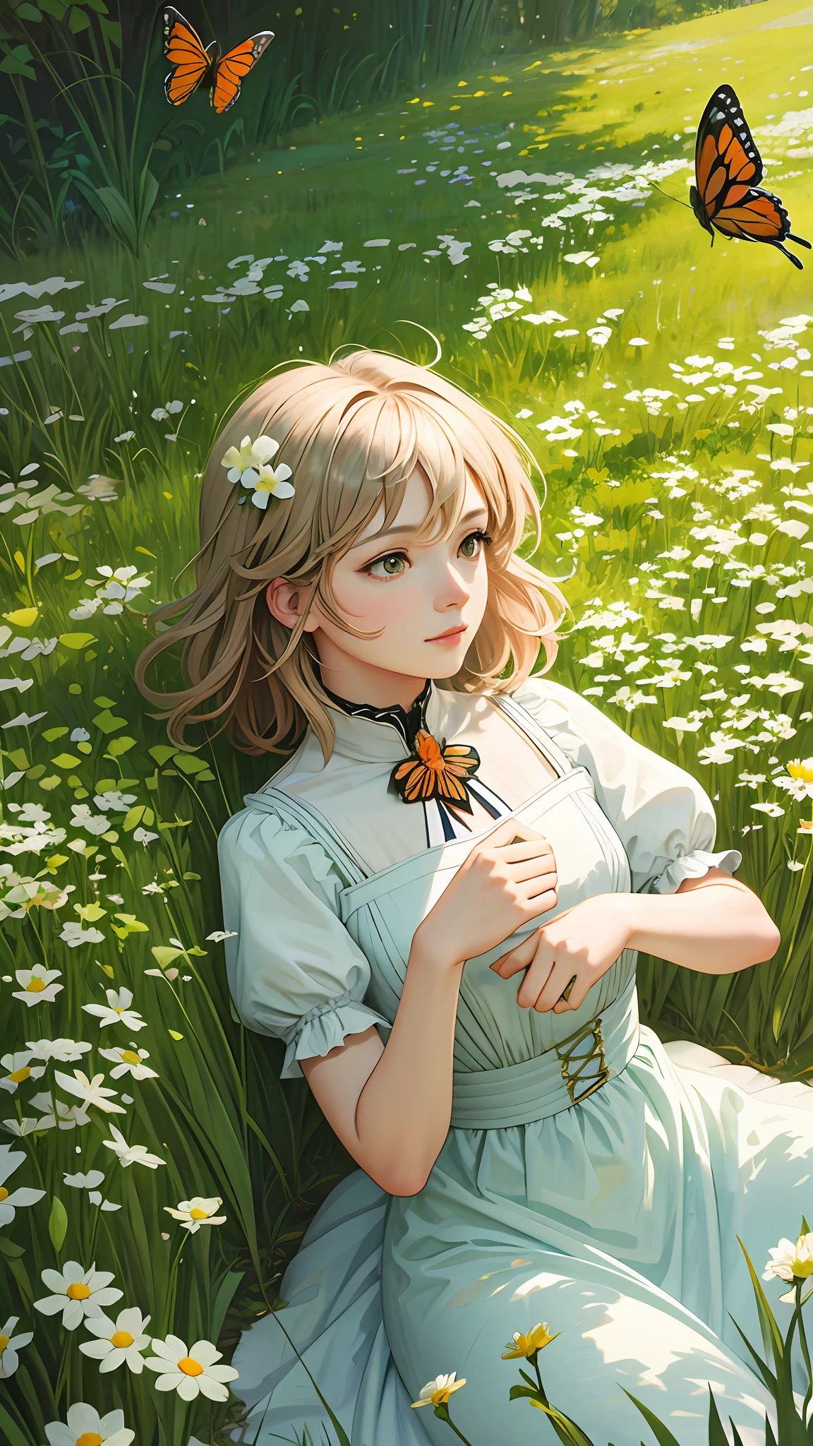 a cute adorable ((cat)) sitting in a field of clover watching a monarch (butterfly), kitten, springtime, by alphonse mucha and artgerm, unreal engine,(Highly Detailed, HD), high octane, 8k, high res, dramatic lighting, sharp focus, depth of field, masterpiece, best quality, 3D, realistic, high quality textures
