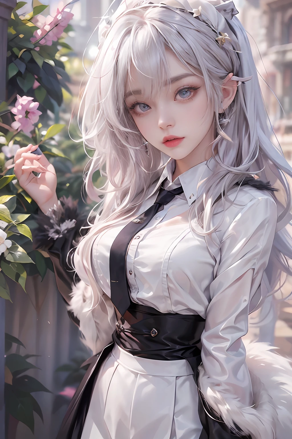 Photorealistic, high resolution, 1 Women, Solo, Hips up,Lolita Costume Outfit， Beautiful eyes, White hair, ringed eyes, Collared shirt,black necktie,Black skirt, pencil skirts, Fur coat