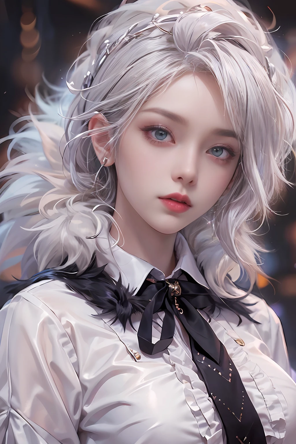 Photorealistic, high resolution, 1 Women, Solo, Hips up,Lolita Costume Outfit， Beautiful eyes, White hair, ringed eyes, Collared shirt,black necktie,Black skirt, pencil skirts, Fur coat