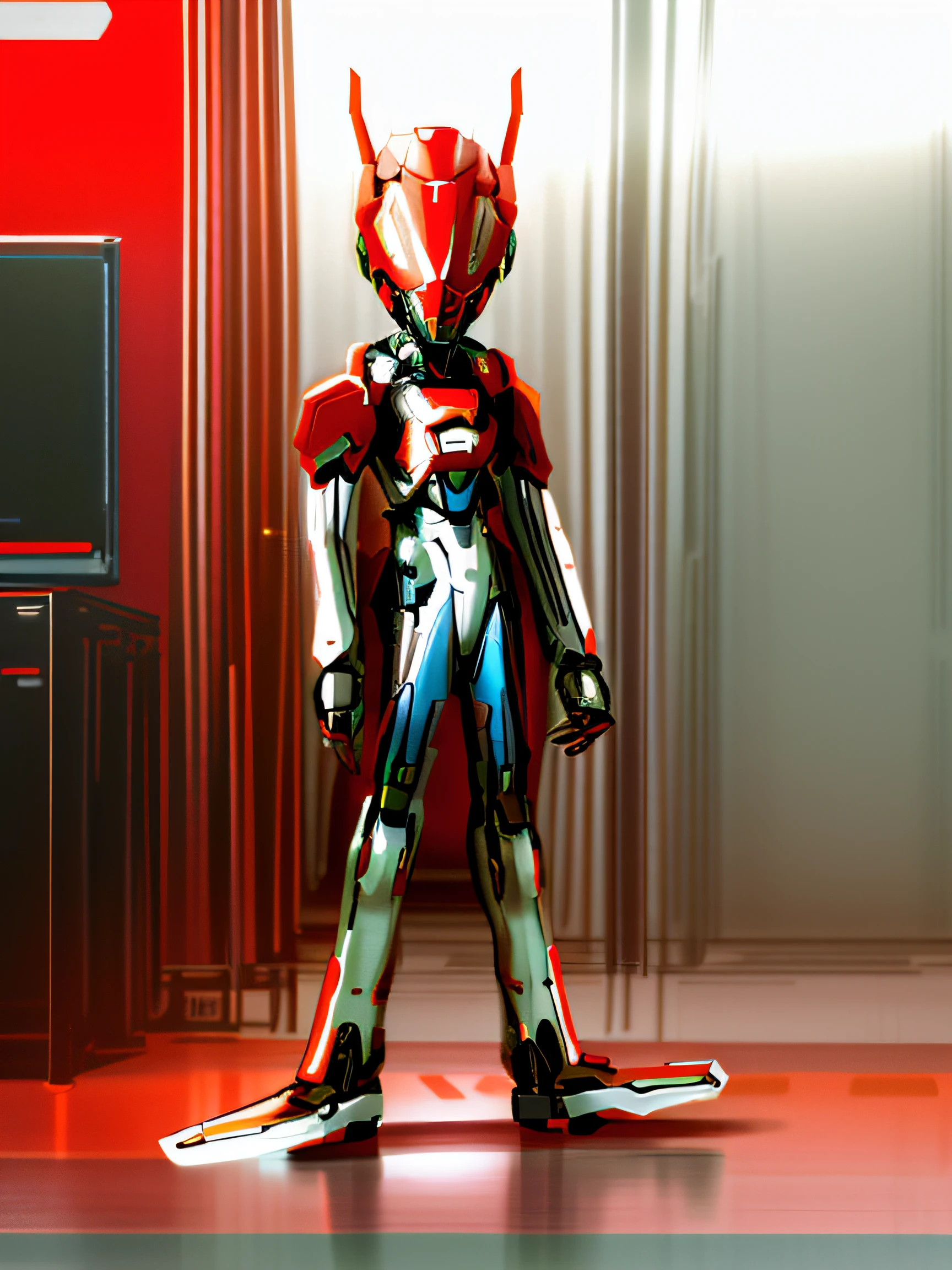 There is a robot standing in the middle of the room, sectetary, full body red mech, sci - fi character, Concept robot, anthropomorphic robot [ thing ], robot concept art, futuristic robot devil, Beautiful robot character design, sci - fi character, humanoid character, painterly humanoid mecha, Red mech, sci fi character concept
