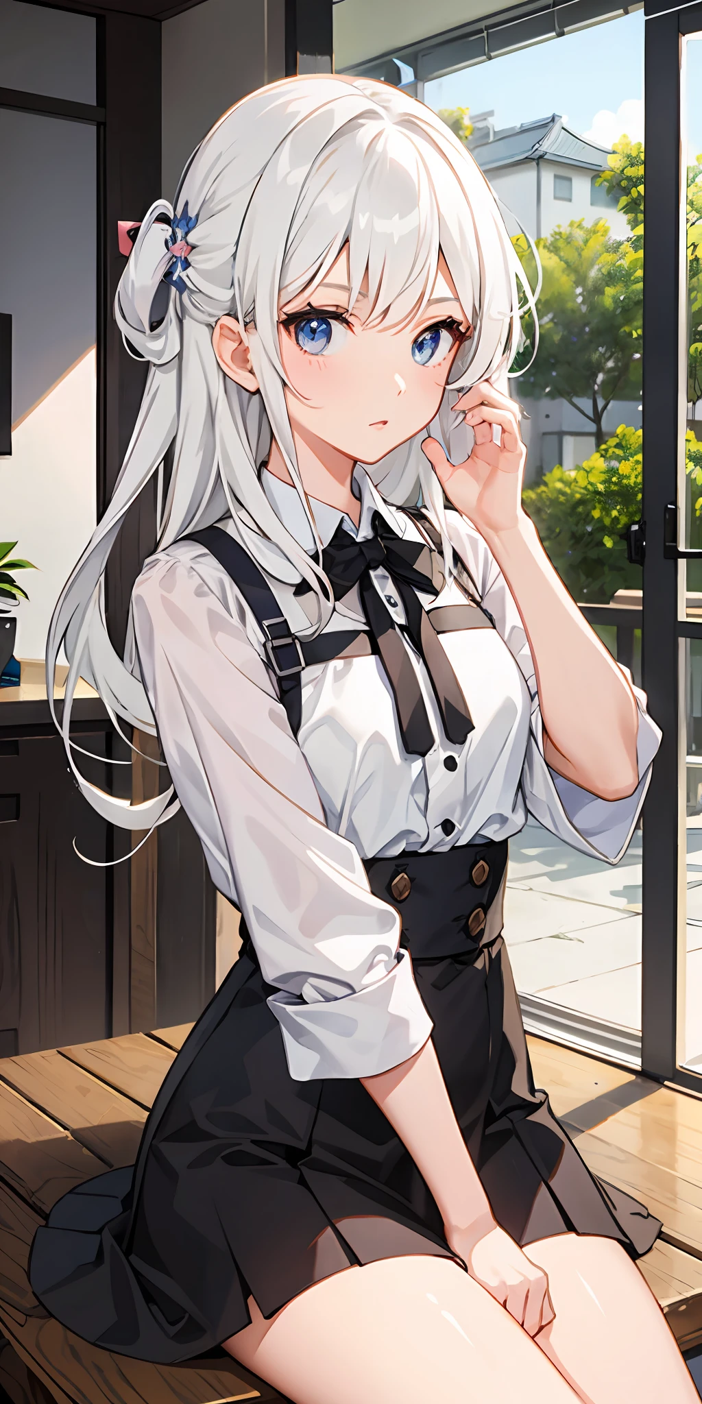 女の子1人、white hair、