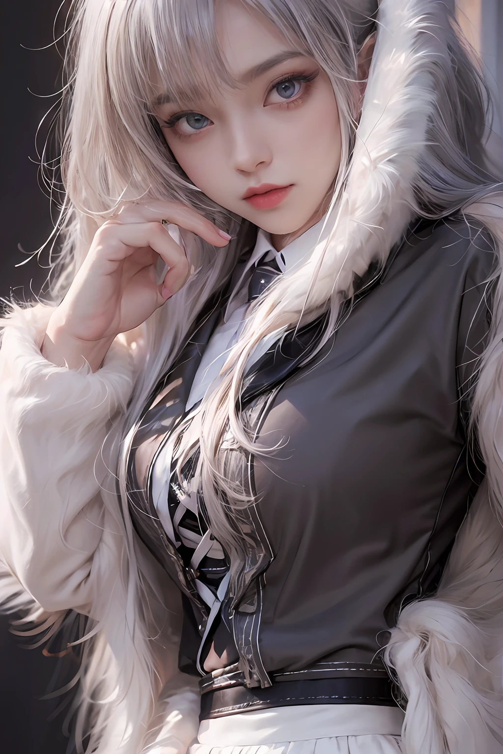 Photorealistic, high resolution, 1 Women, Solo, Hips up,ta Costume Outfit, Beautiful eyes, White hair, ringed eyes, Collared shirt,black necktie,Black skirt, pencil skirts, Fur coat