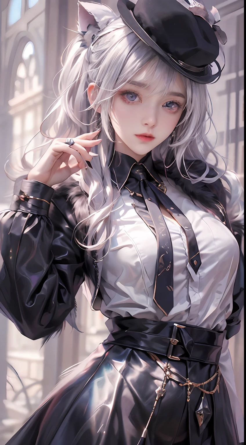 Photorealistic, high resolution, 1 Women, Solo, Hips up,****ta costume， Beautiful eyes, White hair, ringed eyes, Collared shirt,black necktie,Black skirt, pencil skirts, Fur coat