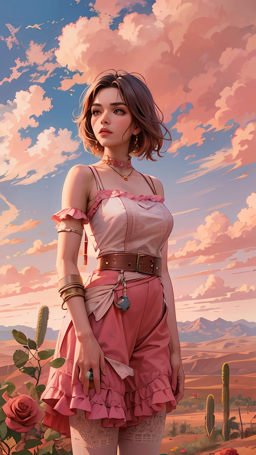 Summer, desert, pink clouds, a land overgrown with roses stands beautiful girl, James Gurney, art station rendered, ultra-wide lens, high definition