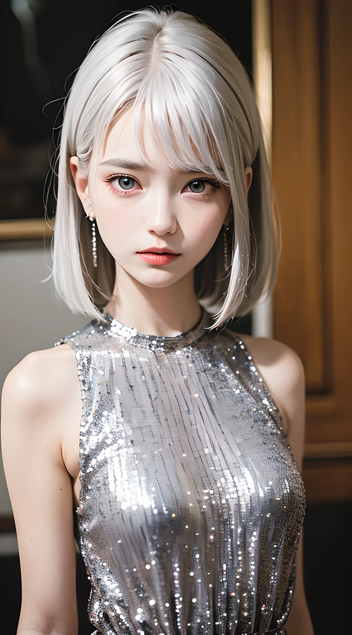 (masterpiece, best quality, silver theme, silver hair:1.3), delicate girl, 8k, 18yo, 85mm, official art, raw photo, absurdres, upper body, close up, (silver shiny sequins dress, silver spangle:1.2), earrings, graceful necklace, solo, large breasts, cinch waist, thin arms, night, elegance room, simple background, looking at viewer, (summer, standing:0.6), dramatic shadow, (detailed eyes and face:1.2)