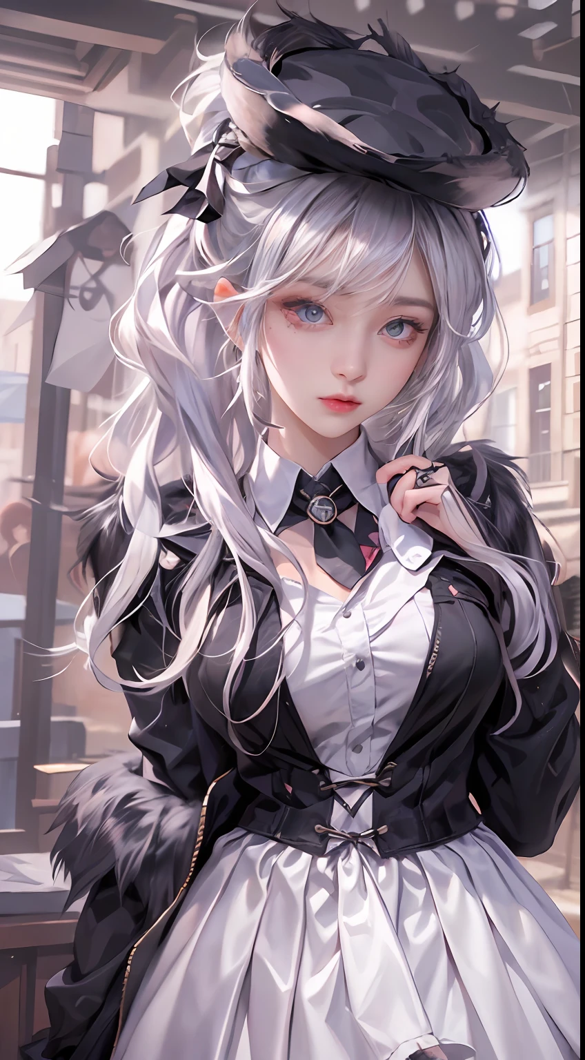 Photorealistic, high resolution, 1 Women, Solo, Hips up,(Lolita costume)， Beautiful eyes, White hair, ringed eyes, Collared shirt,black necktie,Black skirt, pencil skirts, Fur coat