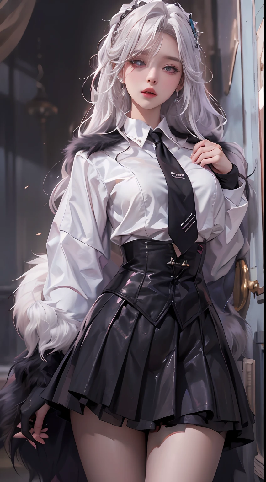 Photorealistic, high resolution, 1 Women, Solo, Hips up,(ta costume), Beautiful eyes, White hair, ringed eyes, Collared shirt,black necktie,Black skirt, pencil skirts, Fur coat