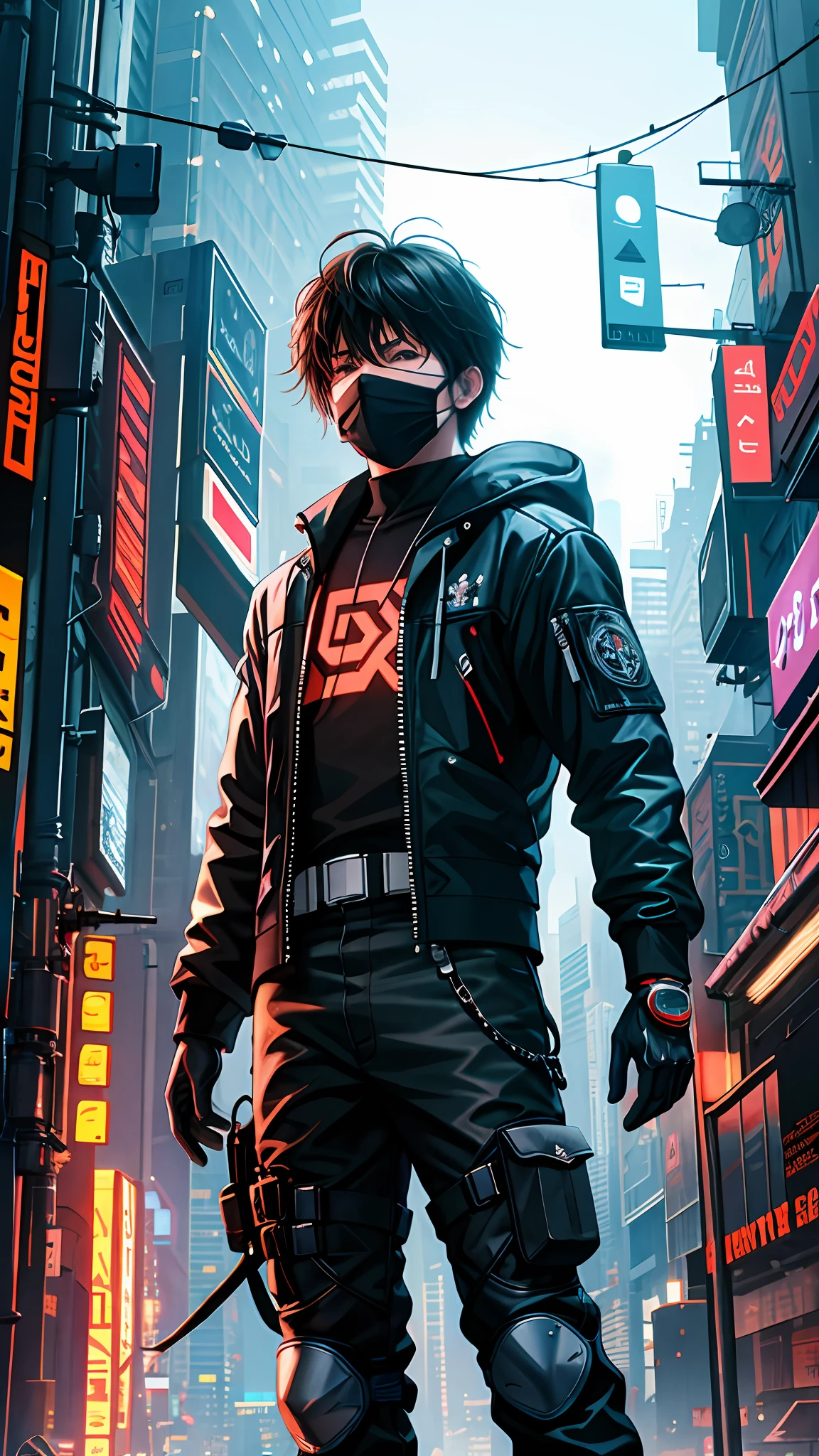 ultra detail, high resolution, ultra detailed, best quality, amazing, top quality, extremely detailed CG unity 8k wallpaper, cinematic lighting, cyberpunk, dark boy, anime gang facemask