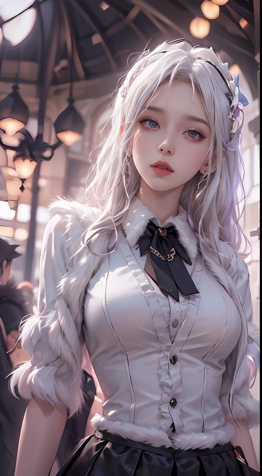 Photorealistic, high resolution, 1 Women, Solo, Hips up,(ta costume), Beautiful eyes, White hair, ringed eyes, Collared shirt,black necktie,Black skirt, pencil skirts, Fur coat