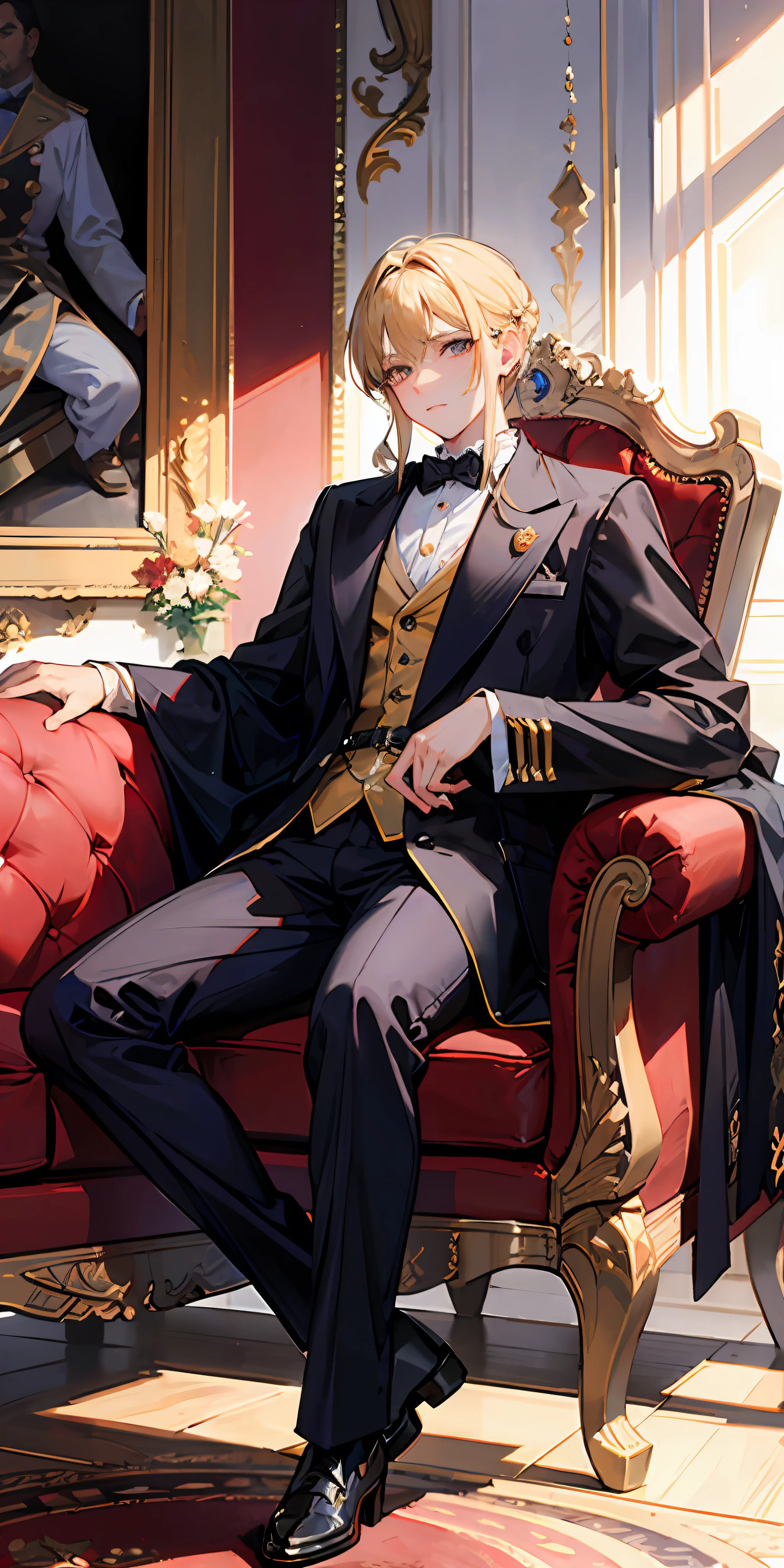 "(King), (in elegant western royal attire), seated on a majestic golden throne sofa, against a lavish royal wall backdrop, captured in a full body shot."