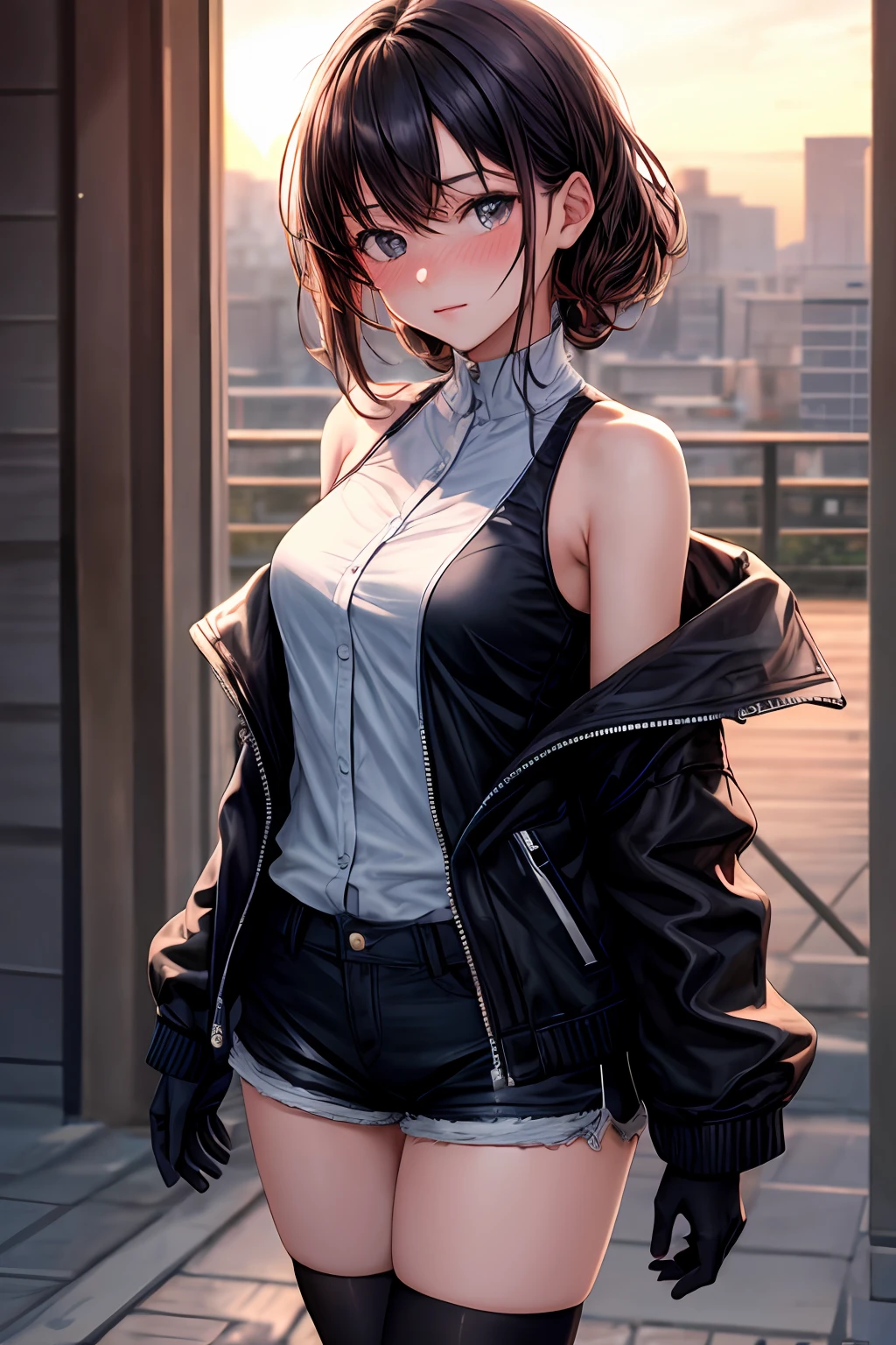 (masterpiece,best quality, detailed), sun in the background, looking at viewer, 1girl, solo, full body, standing, cowboy shot, blush, nose blush, 1girl, black jacket, bare shoulders, black gloves, white shirt, black thigh highs, looking at viewer, shorts, Medium breasts