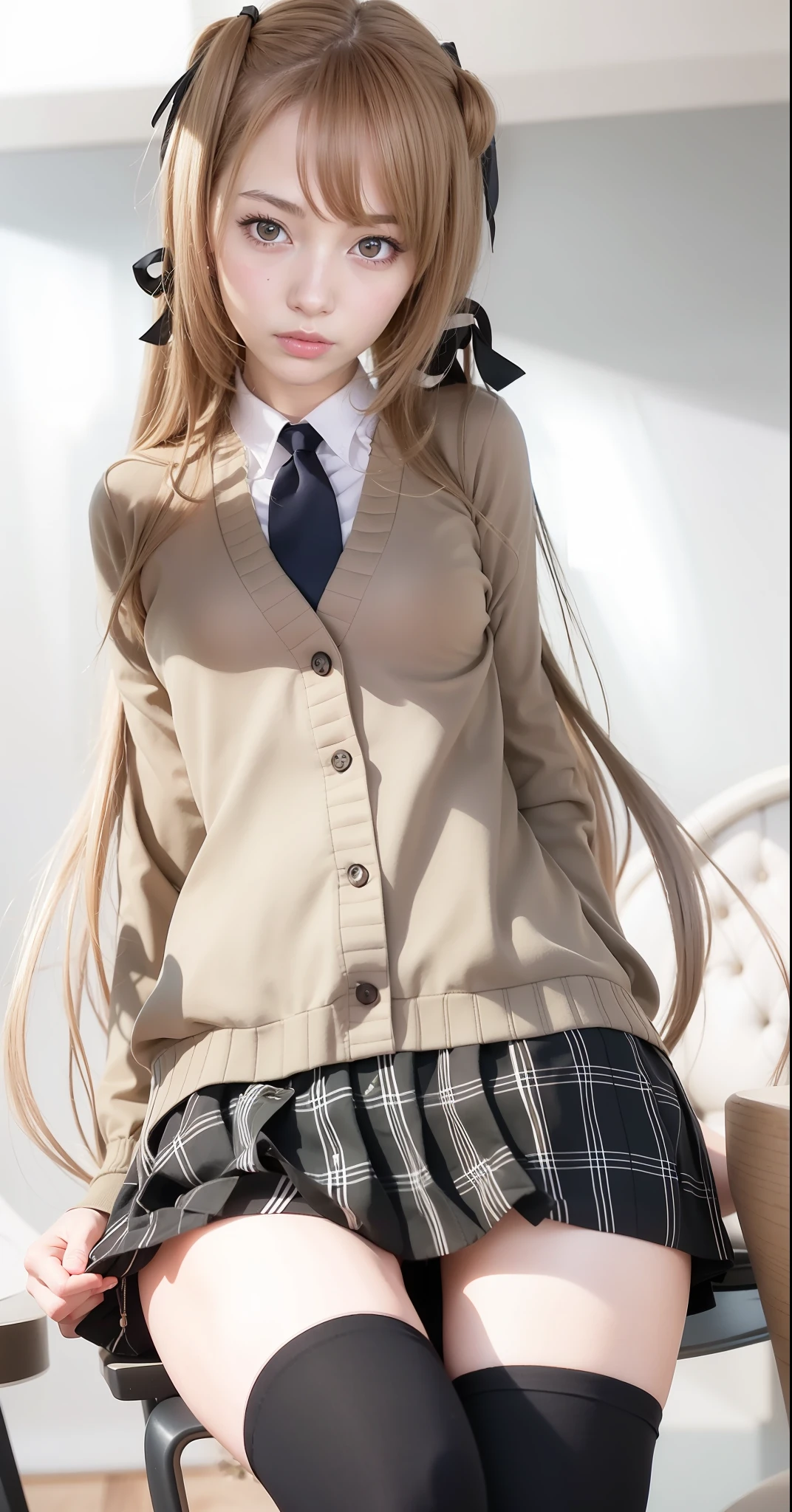 Best quality, 超高分辨率, (Photorealistic:1.4), Anime girl sitting in chair，Hand on chin, Kantai collection style, From Arknights, from girls frontline, Fine details. Girl front, anime visual of a cute girl, Anime girl with long hair, Smooth anime CG art, JK school uniform, girls frontline style, Girls Frontline CG, Beautiful Anime High School Girls, Surrealism female students