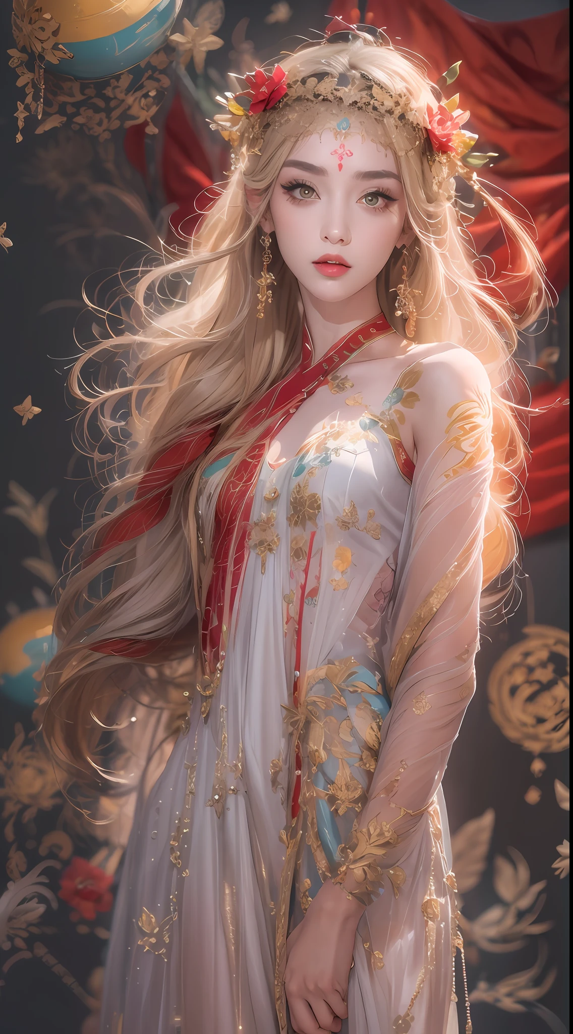 1 20 year old girl, 1 goddess Athena, sexy long silk dress, beautiful goddess Athena face without blemishes, long thin nightgown with many colors combination, long thin sequin nightdress with many sexy black lace details, saint legend, goddess icon, beautiful goddess style glitter, dark and mysterious version, small goddess crown, delicate and delicate lips, delicate lips, beautiful pino details, holy woman's body, extremely tight and round breasts, phoenix brooch, long flat bangs, (7-color rainbow hair: 1.9), (small red tattoo stickers on forehead :1.8), clear beautiful face and well-proportioned eyes, (transparent yellow eyes: 1.8), (big round eyes and makeup, very beautiful and meticulous hair makeup, beautiful, long blonde hair and body: 1.7) (fictional sky and portal of time and space: 1.8), fictional art, RAW photo, hanfu photo, best photo, high resolution, best quality, best photo, best goddess quality, 8k female, super 8 single saint portrait, truest color scheme, masterpiece, best beauty brand, best hair jewelry, high luminosity photo, skin tone, dark studio, 8k light white uhd, d slr, soft light, 8k, high quality, frank, volume Smooth and sharp, 10x pixel up, sexy goddess, sexy goddess, (background space: 1.8), (best aurora: 1.7), beautiful eyes, beautiful saint and flowers, (pretty single girl: 1.8), (single girl: 1.8),