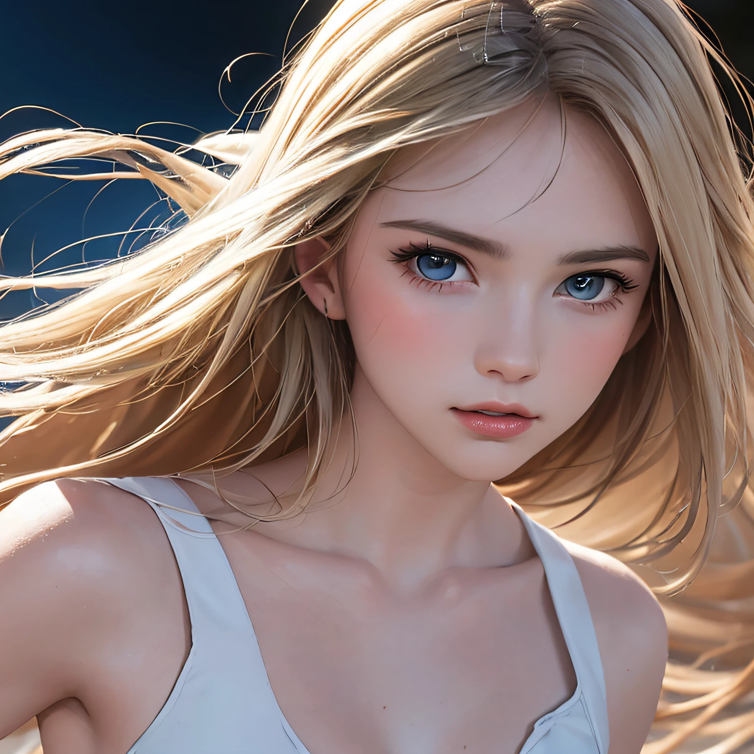 (8K, RAW Photos, of the highest quality, Masterpieces: 1.2), (Realistic, Photorealistic: 1.37), Highest Quality, Ultra High Resolution, light leaks, Dynamic lighting, Slim and smooth skin, (Full body:1.3), (Soft Saturation: 1.6), (Fair skin: 1.2), (Glossy skin: 1.1), Oiled skin, 22 years old, Night, shiny white blonde, Well-formed, Hair fluttering in the wind, Close-up shot of face only, Physically Based Rendering, From multiple angles, Being in love