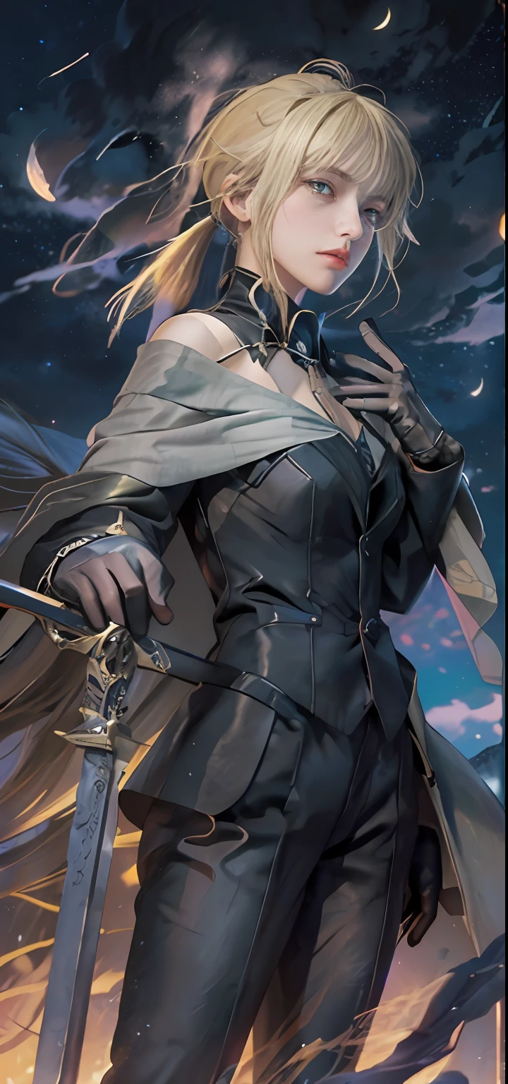 ((masterpiece:1.2, best quality)), realistic, 1girl, solo, blood, male focus, looking at viewer, artoria pendragon \(fate\), black (((suit))), black (((pant suit))), (((ponytail))), (((black gloves))), aurora, night, stars (sky), sky, night sky, starry sky, holding Magic Sword, Dark Clouds, Night, model shot, (Impressionism: 1.4), (Tarot: 1.3), Alphonse Mucha,